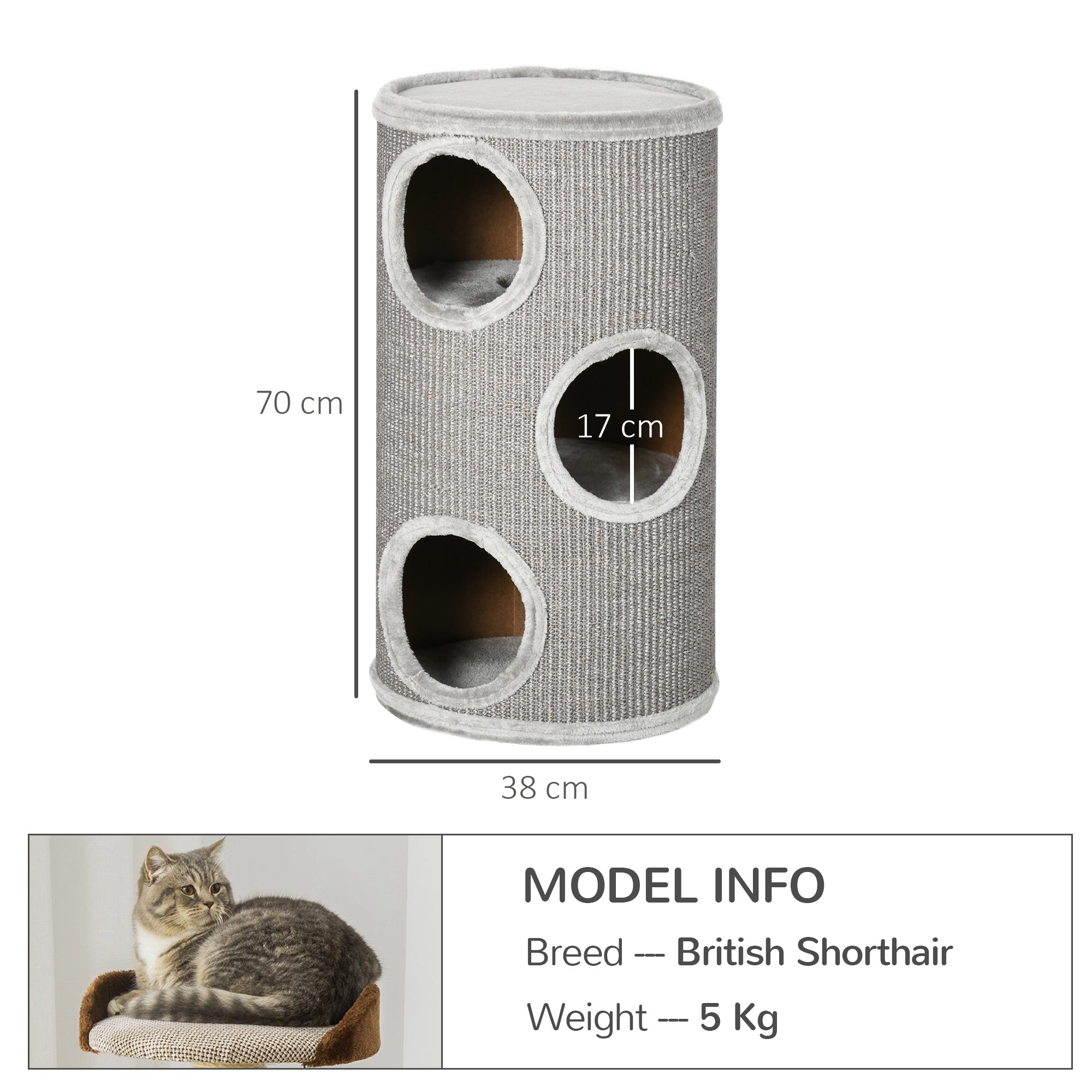PawHut Cat Barrel Kitten Tree Tower for Indoor Cats, Cat Climbing Frame, Covered in Sisal, Cosy Platform - Light Grey