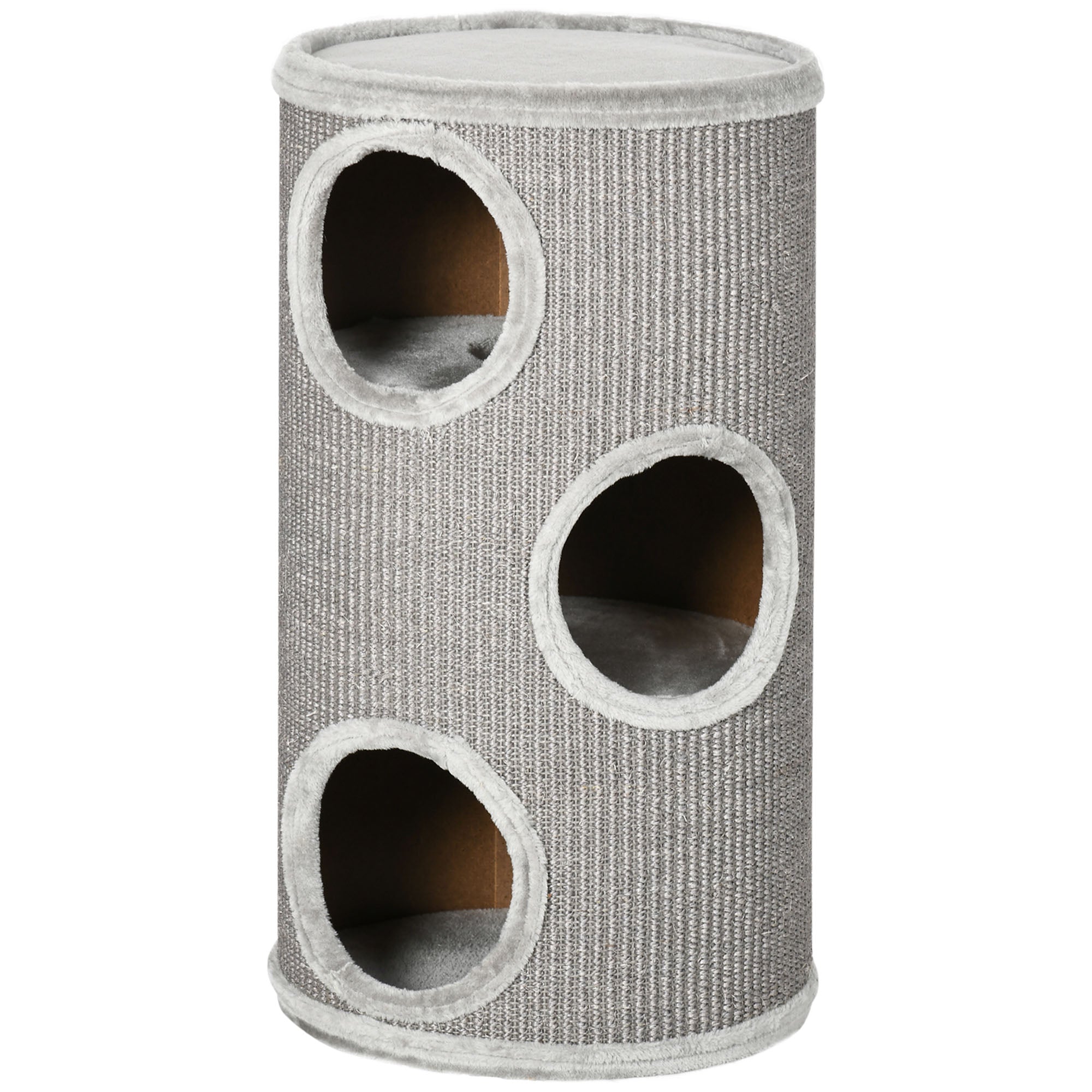 PawHut Cat Barrel Kitten Tree Tower for Indoor Cats, Cat Climbing Frame, Covered in Sisal, Cosy Platform - Light Grey