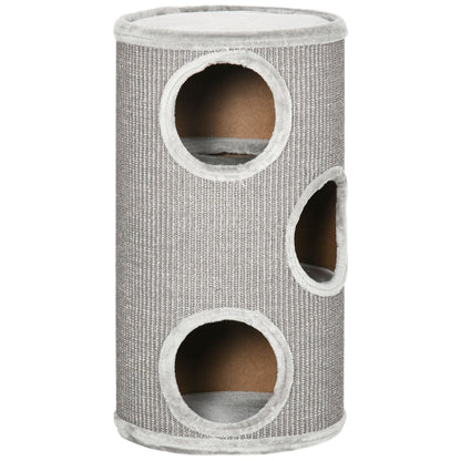 PawHut Cat Barrel Kitten Tree Tower for Indoor Cats, Cat Climbing Frame, Covered in Sisal, Cosy Platform - Light Grey