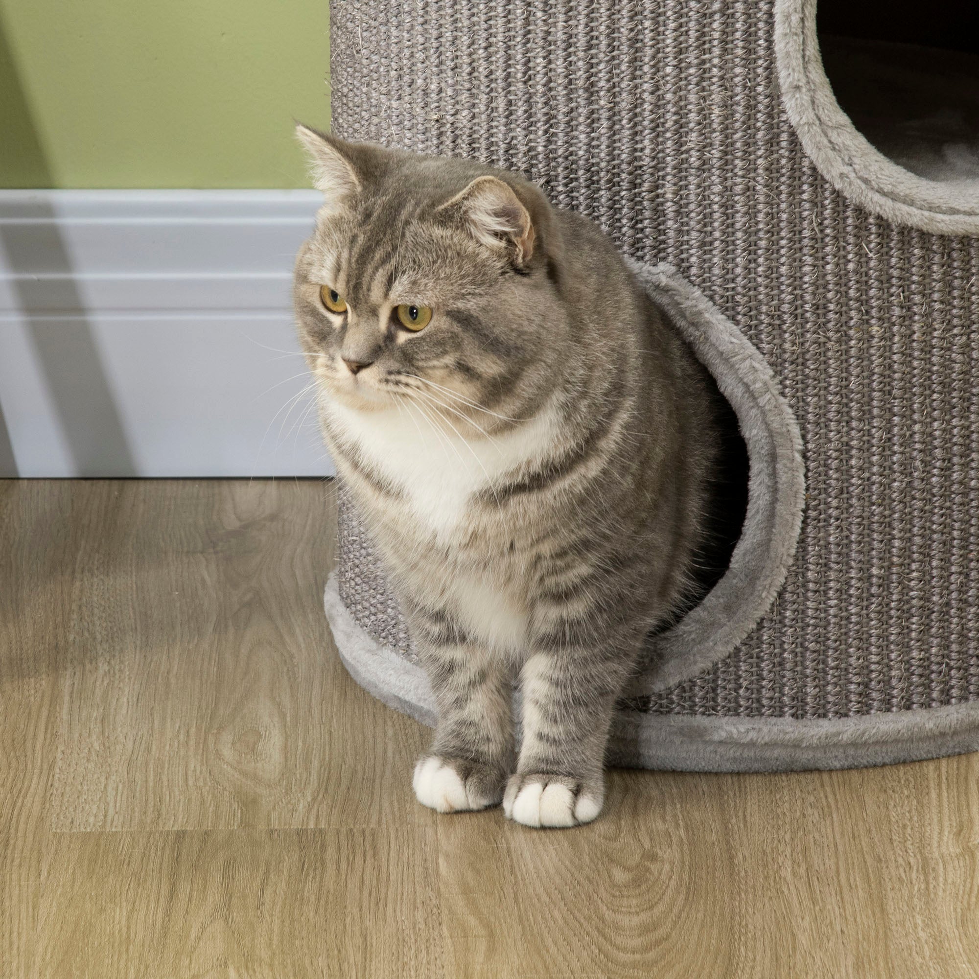 PawHut Cat Barrel Kitten Tree Tower for Indoor Cats, Cat Climbing Frame, Covered in Sisal, Cosy Platform - Light Grey