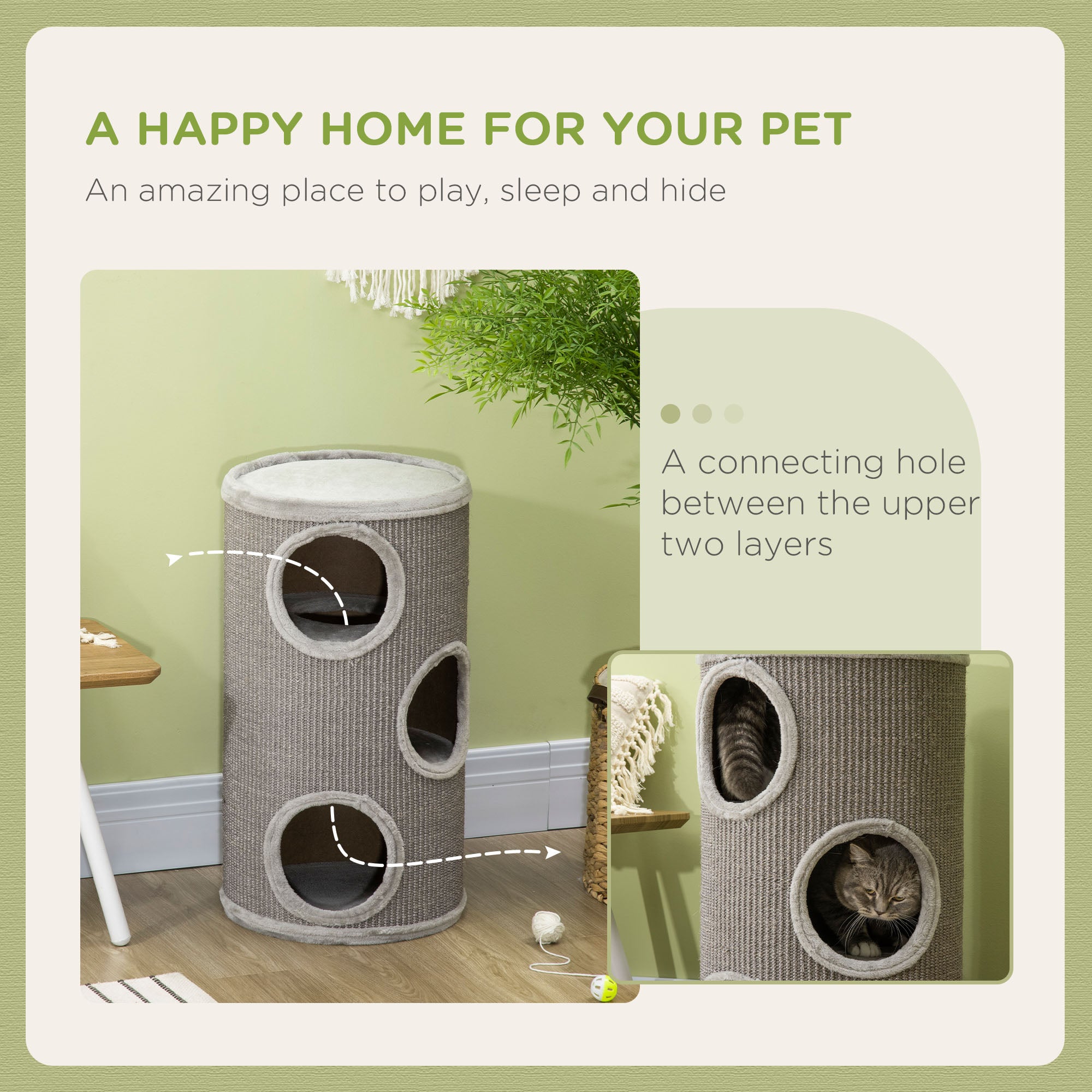 PawHut Cat Barrel Kitten Tree Tower for Indoor Cats, Cat Climbing Frame, Covered in Sisal, Cosy Platform - Light Grey