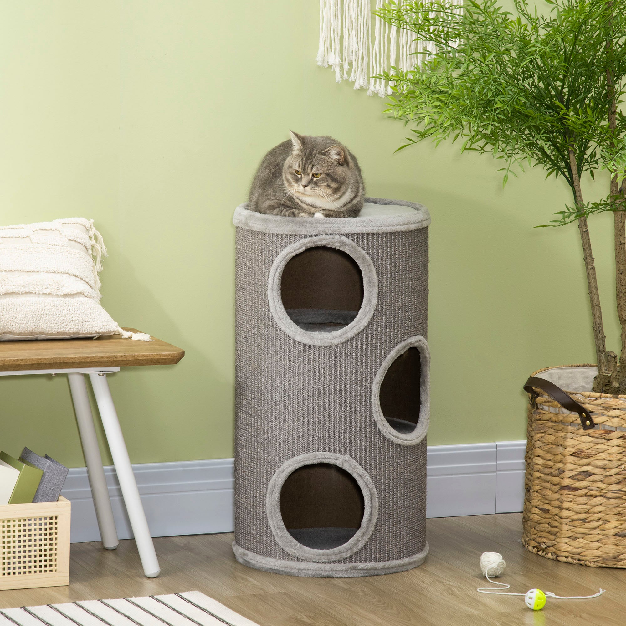 PawHut Cat Barrel Kitten Tree Tower for Indoor Cats, Cat Climbing Frame, Covered in Sisal, Cosy Platform - Light Grey