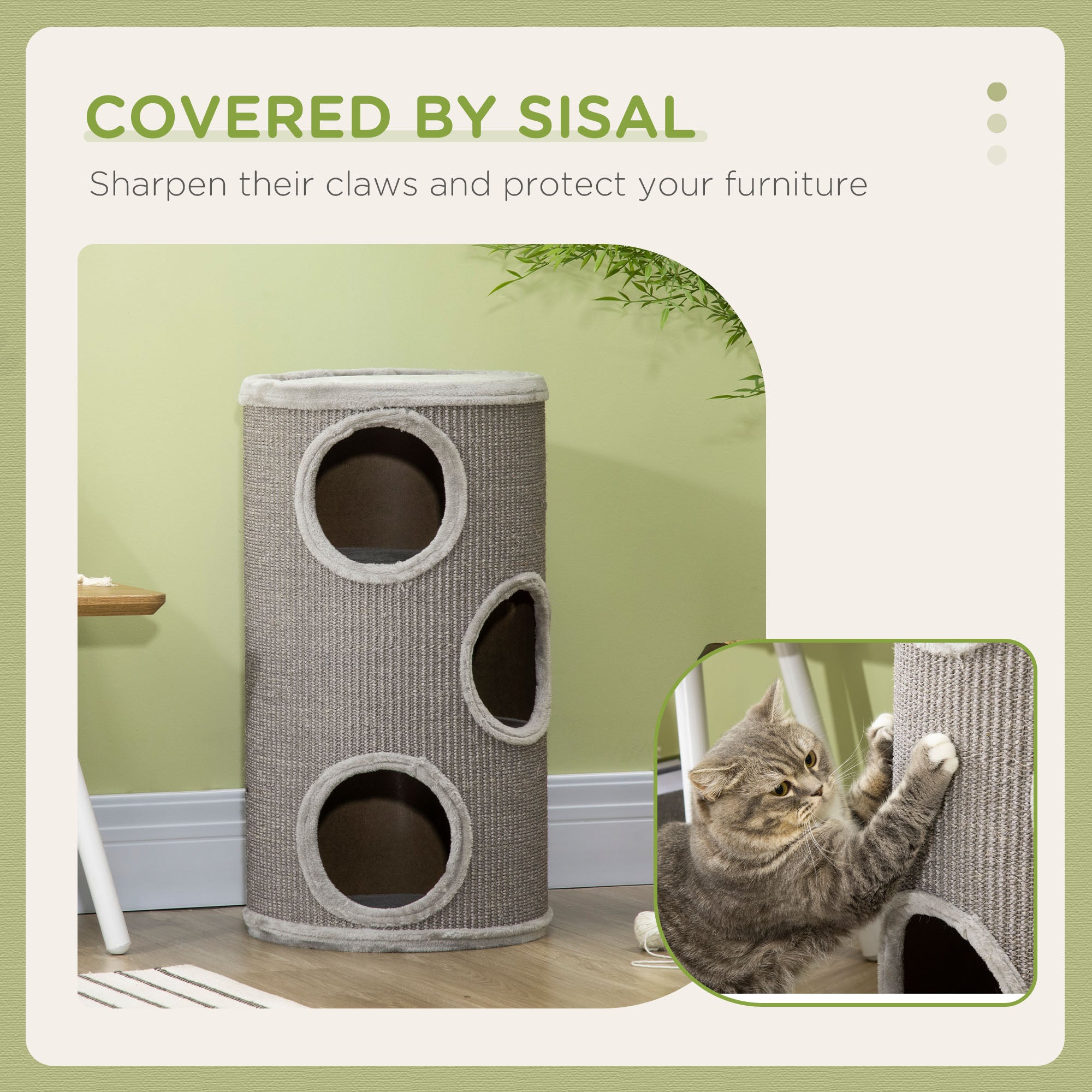 PawHut Cat Barrel Kitten Tree Tower for Indoor Cats, Cat Climbing Frame, Covered in Sisal, Cosy Platform - Light Grey