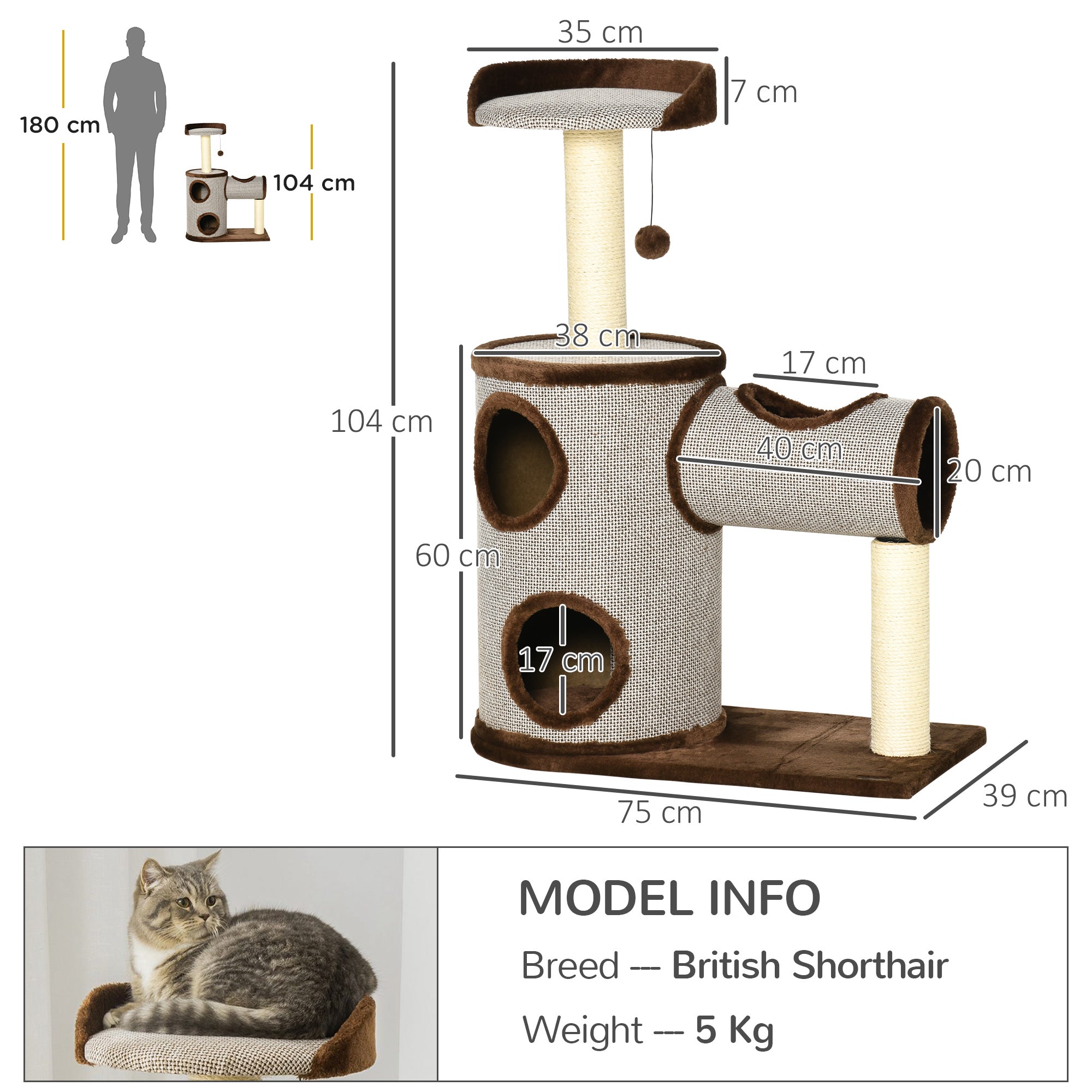 PawHut Cat Tree Tower Indoor Cats Climbing Activity Centre Kitten Furniture w/ Cat House, Bed, Scratching Post, Hanging Toy, Brown