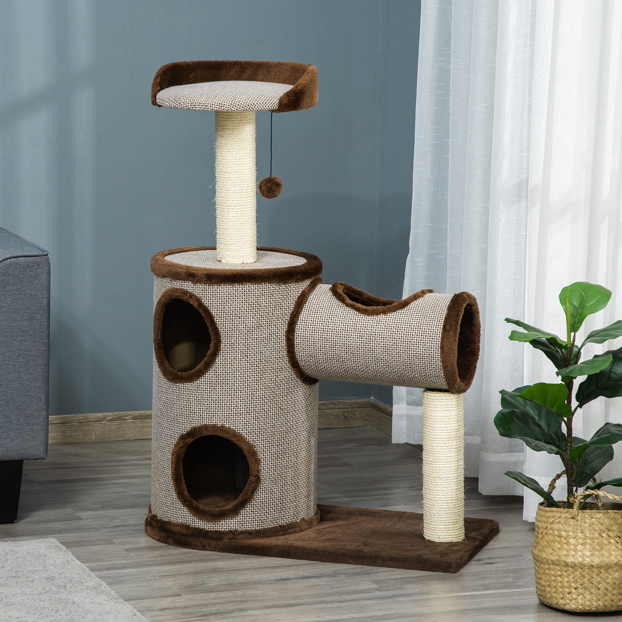 PawHut Cat Tree Tower Indoor Cats Climbing Activity Center Kitten Furniture w/ Cat House, Bed, Scratching Post, Hanging Toy, Brown