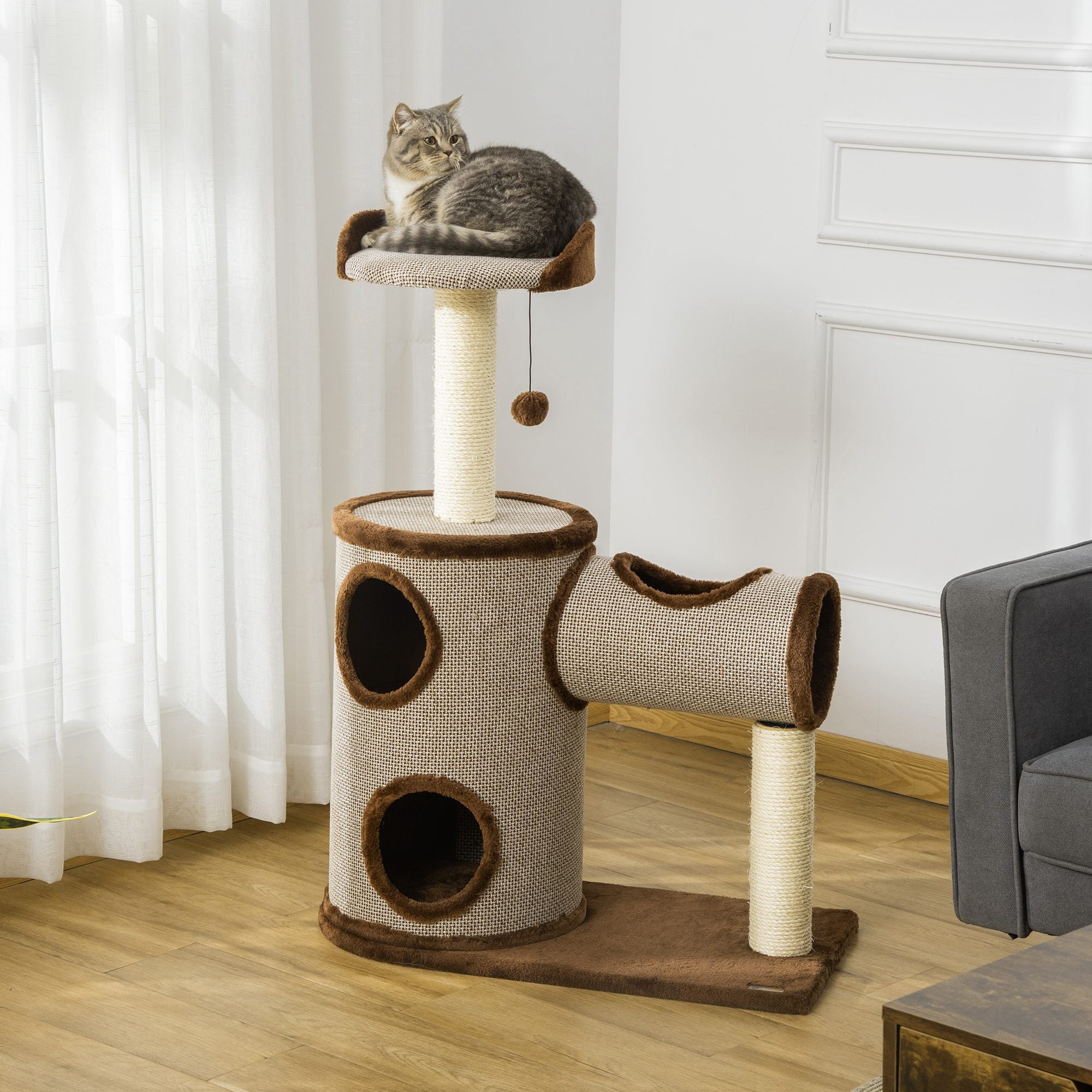 PawHut Cat Tree Tower Indoor Cats Climbing Activity Center Kitten Furniture w/ Cat House, Bed, Scratching Post, Hanging Toy, Brown