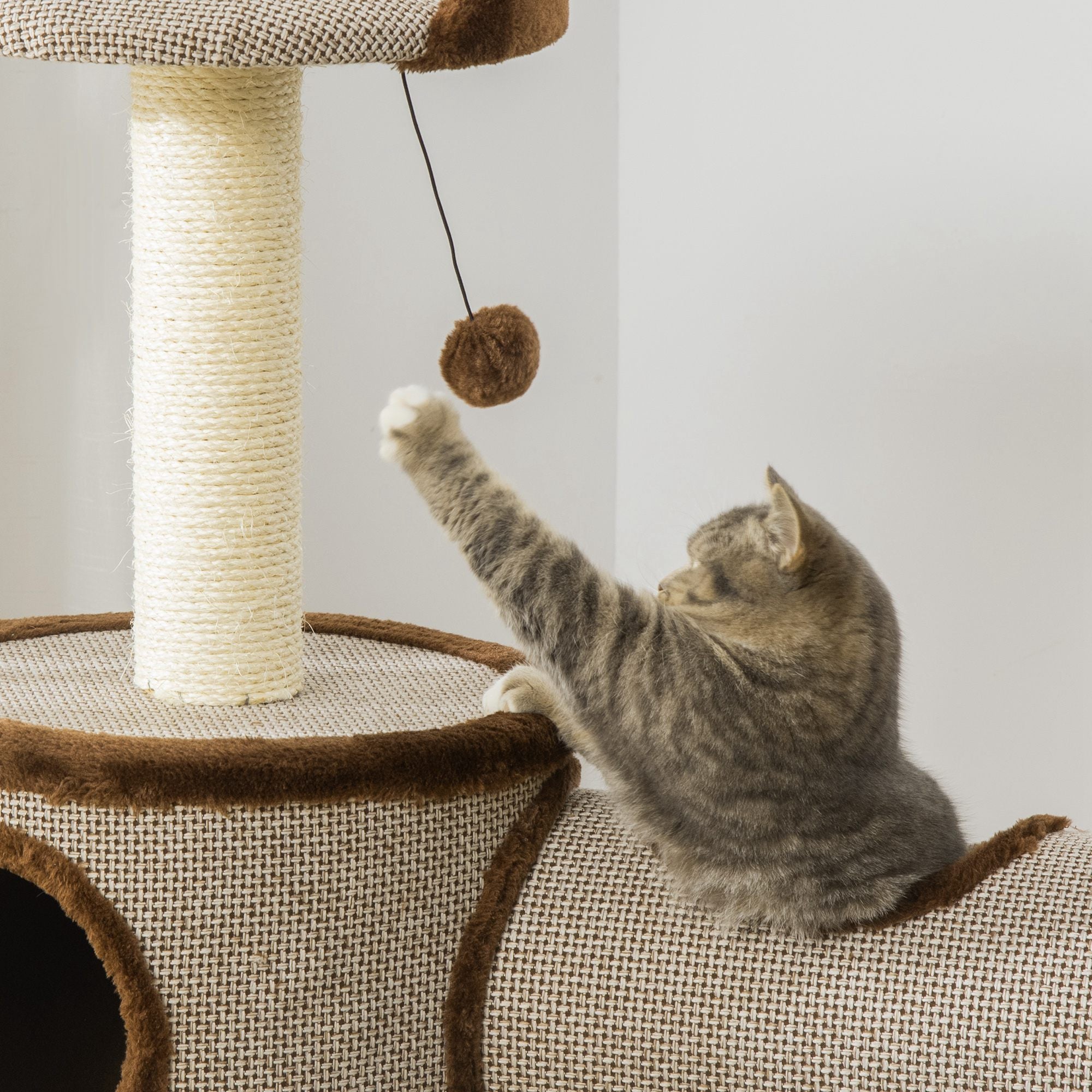 PawHut Cat Tree Tower Indoor Cats Climbing Activity Center Kitten Furniture w/ Cat House, Bed, Scratching Post, Hanging Toy, Brown