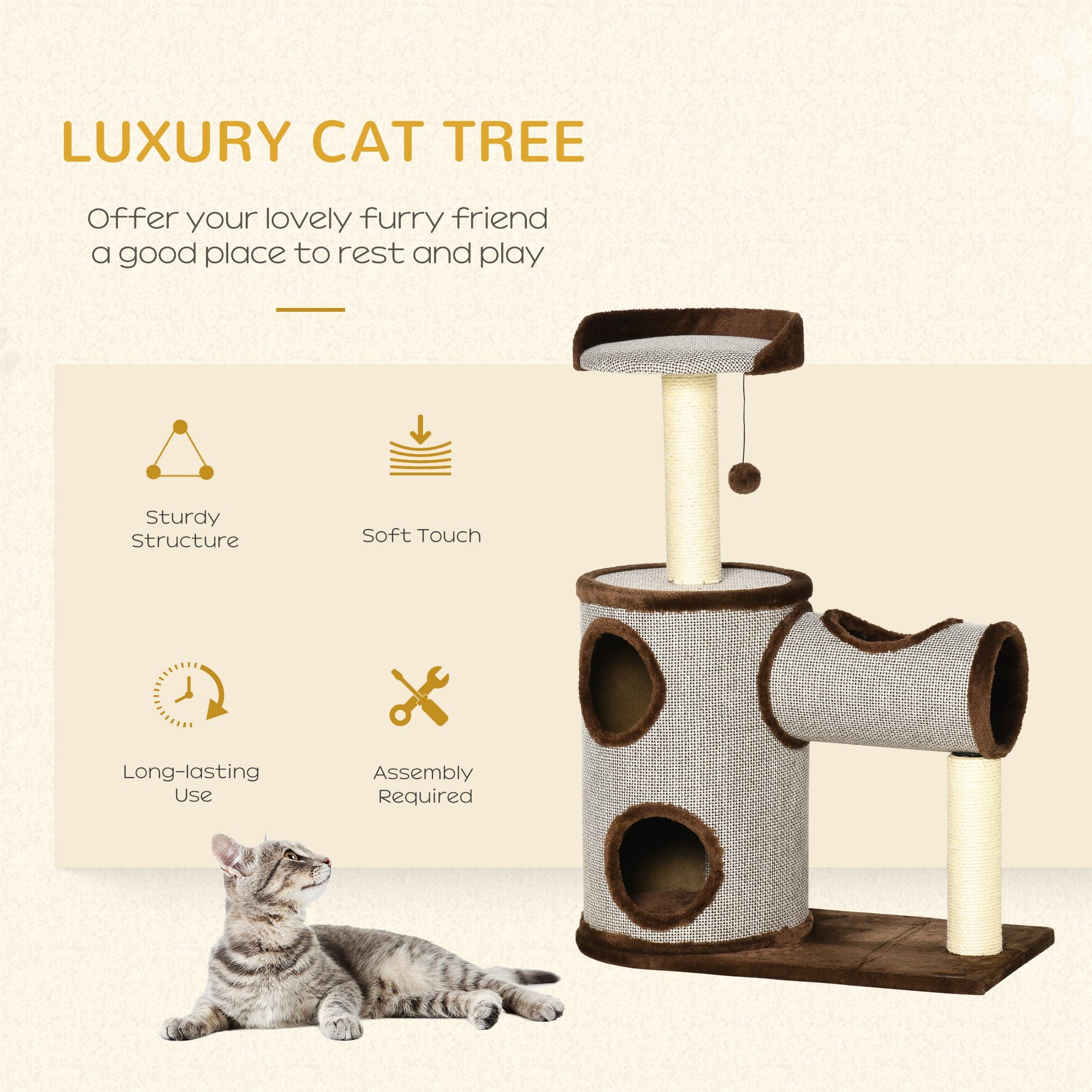 PawHut Cat Tree Tower Indoor Cats Climbing Activity Centre Kitten Furniture w/ Cat House, Bed, Scratching Post, Hanging Toy, Brown