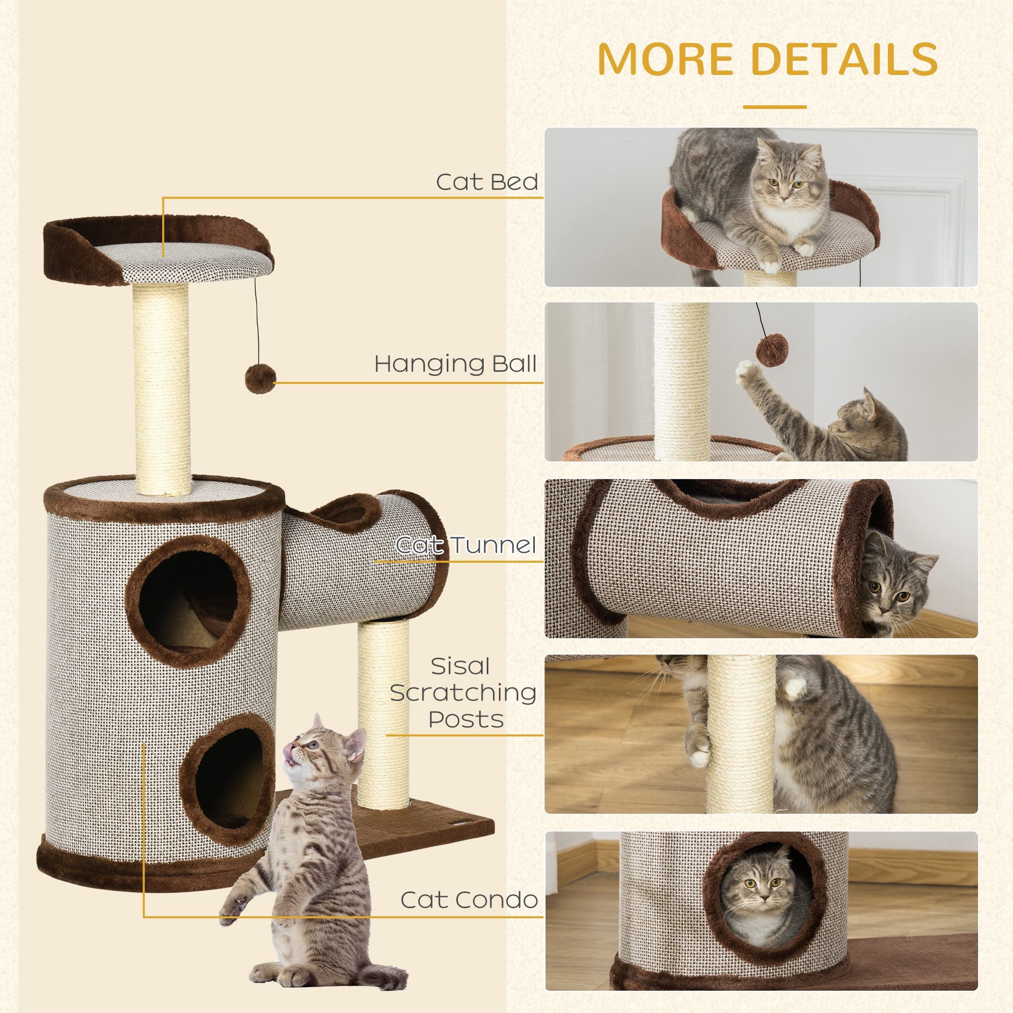 PawHut Cat Tree Tower Indoor Cats Climbing Activity Centre Kitten Furniture w/ Cat House, Bed, Scratching Post, Hanging Toy, Brown