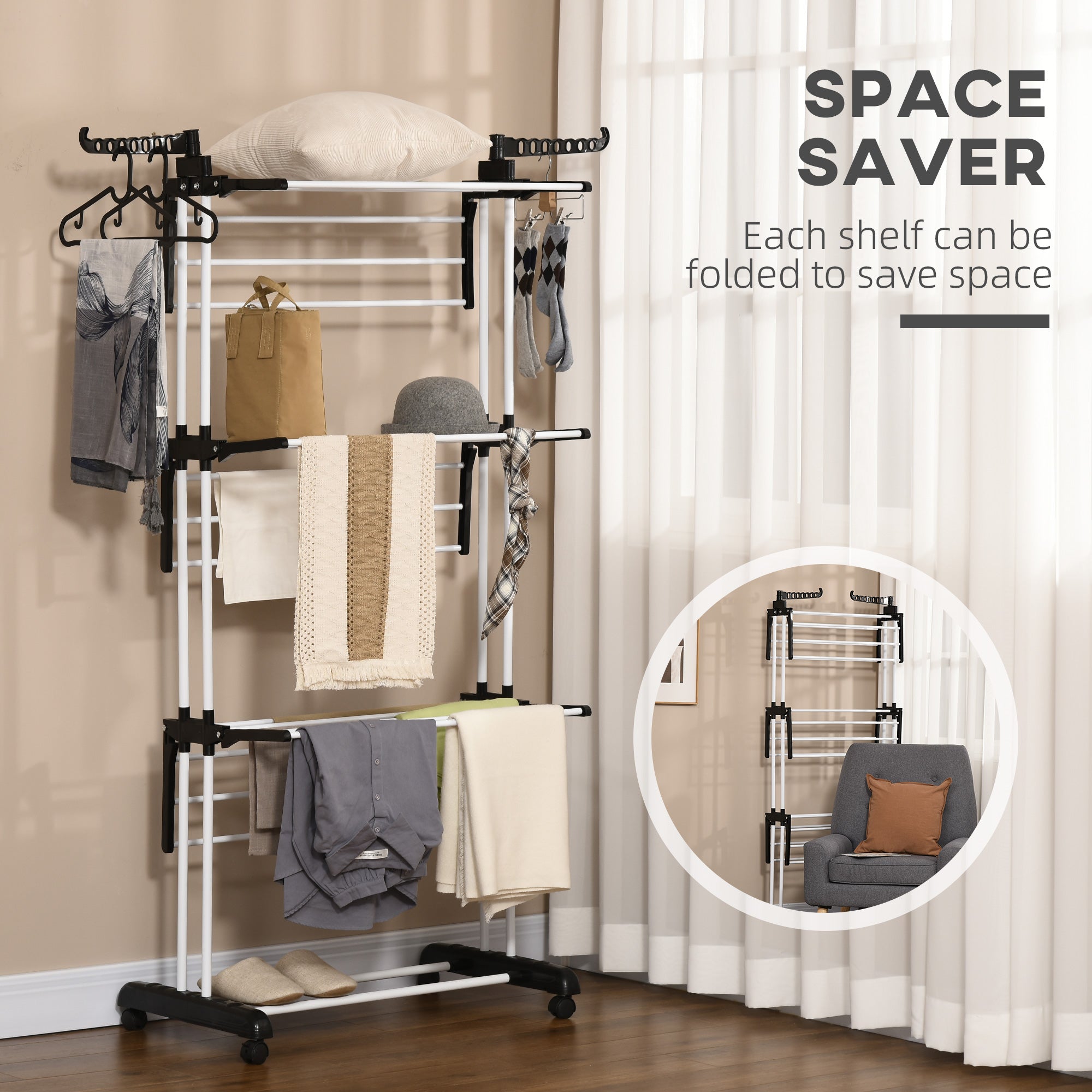 HOMCOM 4-Tier Clothes Airer, Foldable Clothes Drying Rack with Wheels and Wings, Steel Garment Laundry Rack for Indoor and Outdoor Use, Black