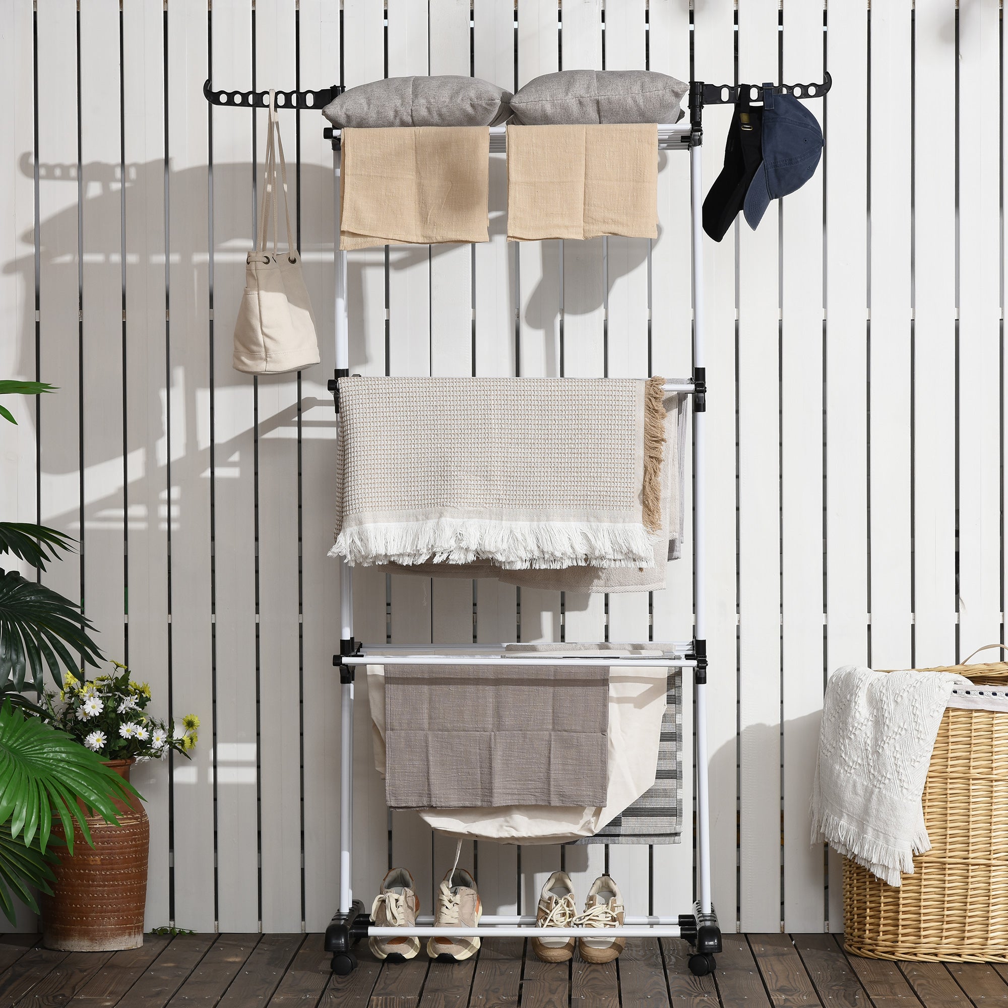 HOMCOM 4-Tier Clothes Airer, Foldable Clothes Drying Rack with Wheels and Wings, Steel Garment Laundry Rack for Indoor and Outdoor Use, Black