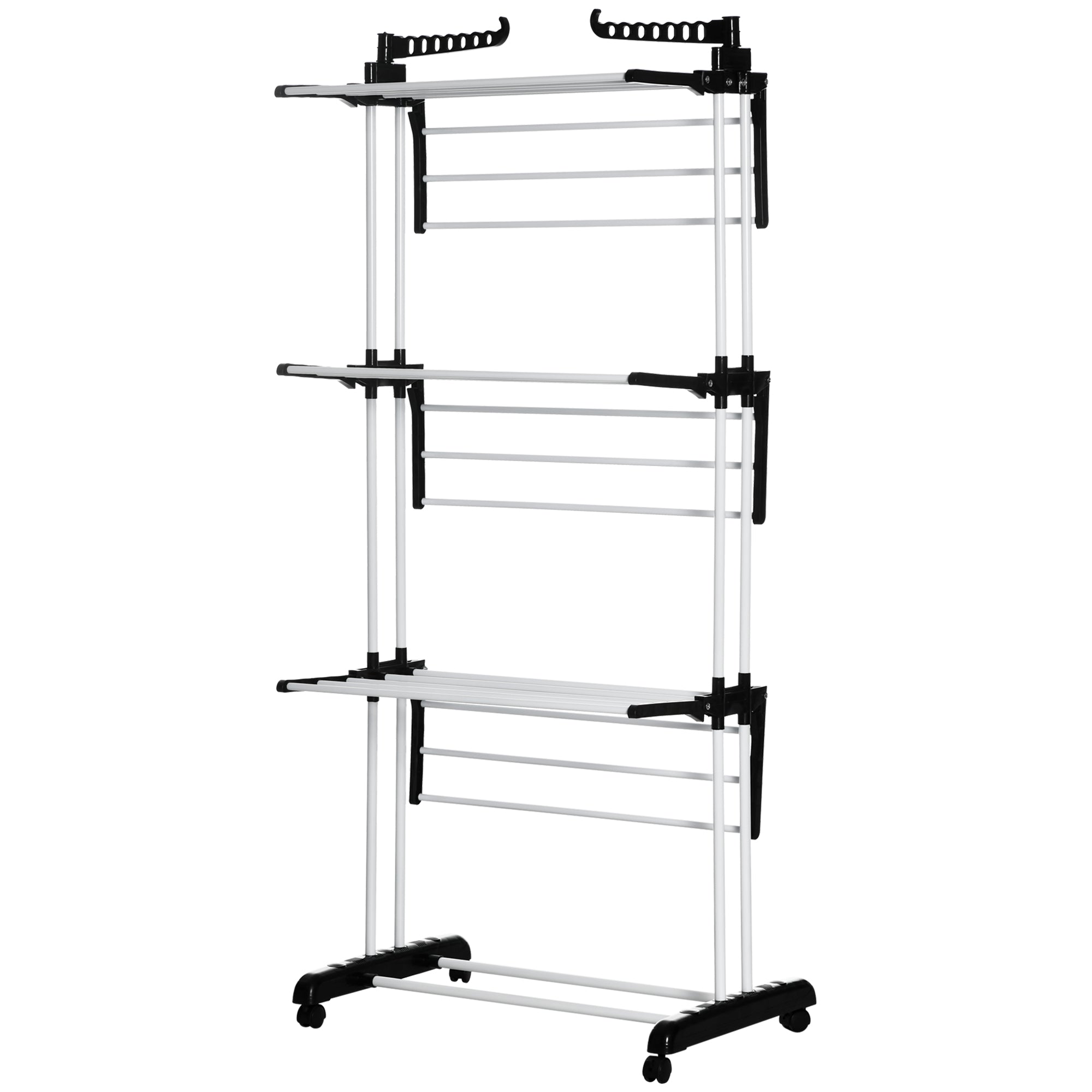 HOMCOM 4-Tier Clothes Airer, Foldable Clothes Drying Rack with Wheels and Wings, Steel Garment Laundry Rack for Indoor and Outdoor Use, Black
