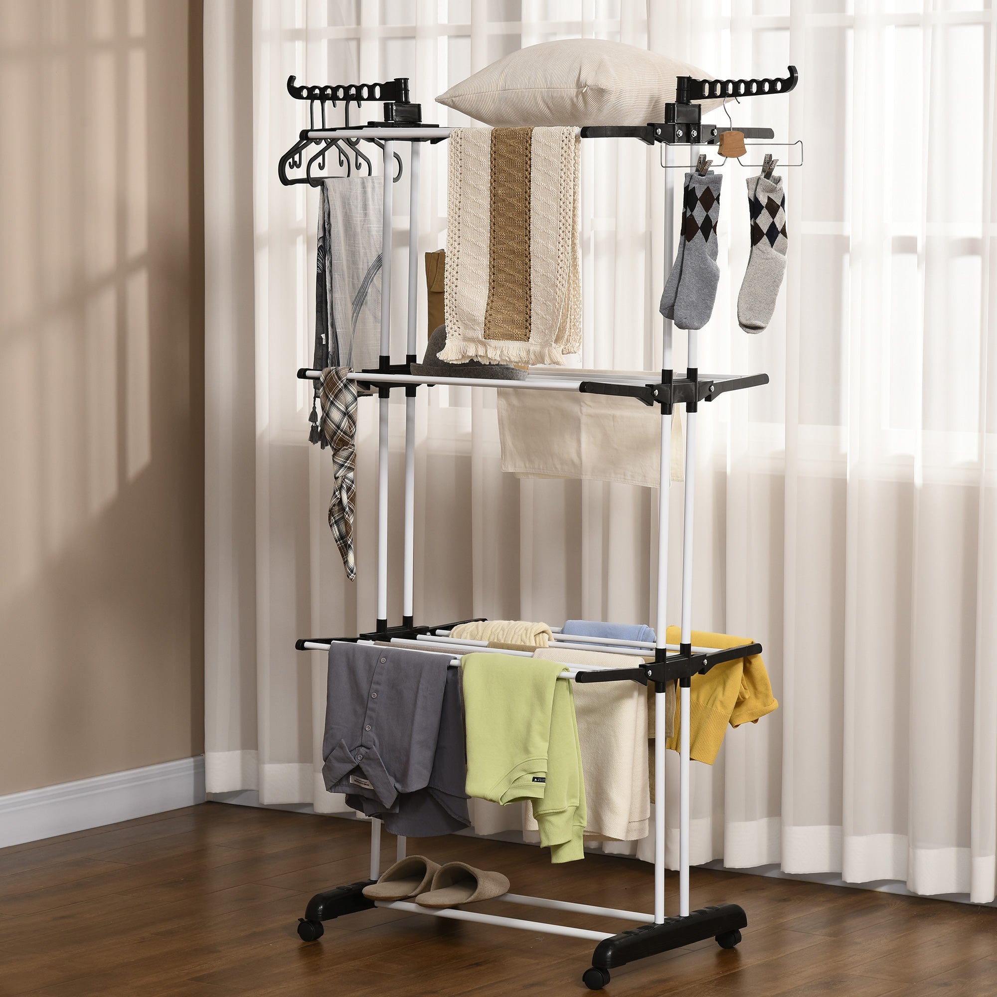 HOMCOM 4-Tier Clothes Airer, Foldable Clothes Drying Rack with Wheels and Wings, Steel Garment Laundry Rack for Indoor and Outdoor Use, Black
