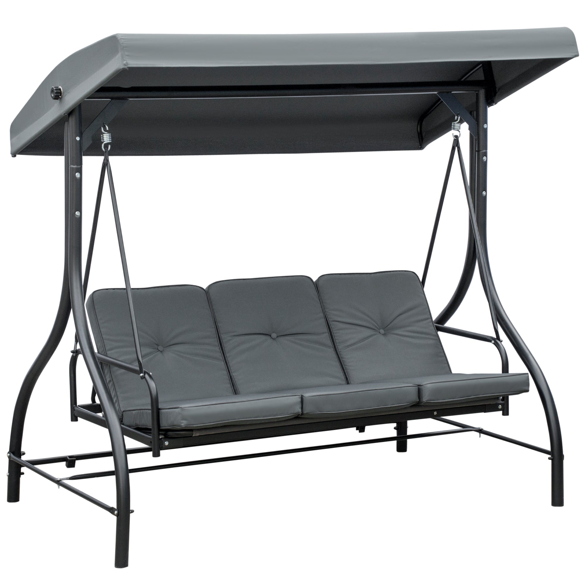 Outsunny 3 Seater Patio Swing Chair Convertible Cushioned Porch Swing Bed Outdoor Swing with Canopy Dark Grey