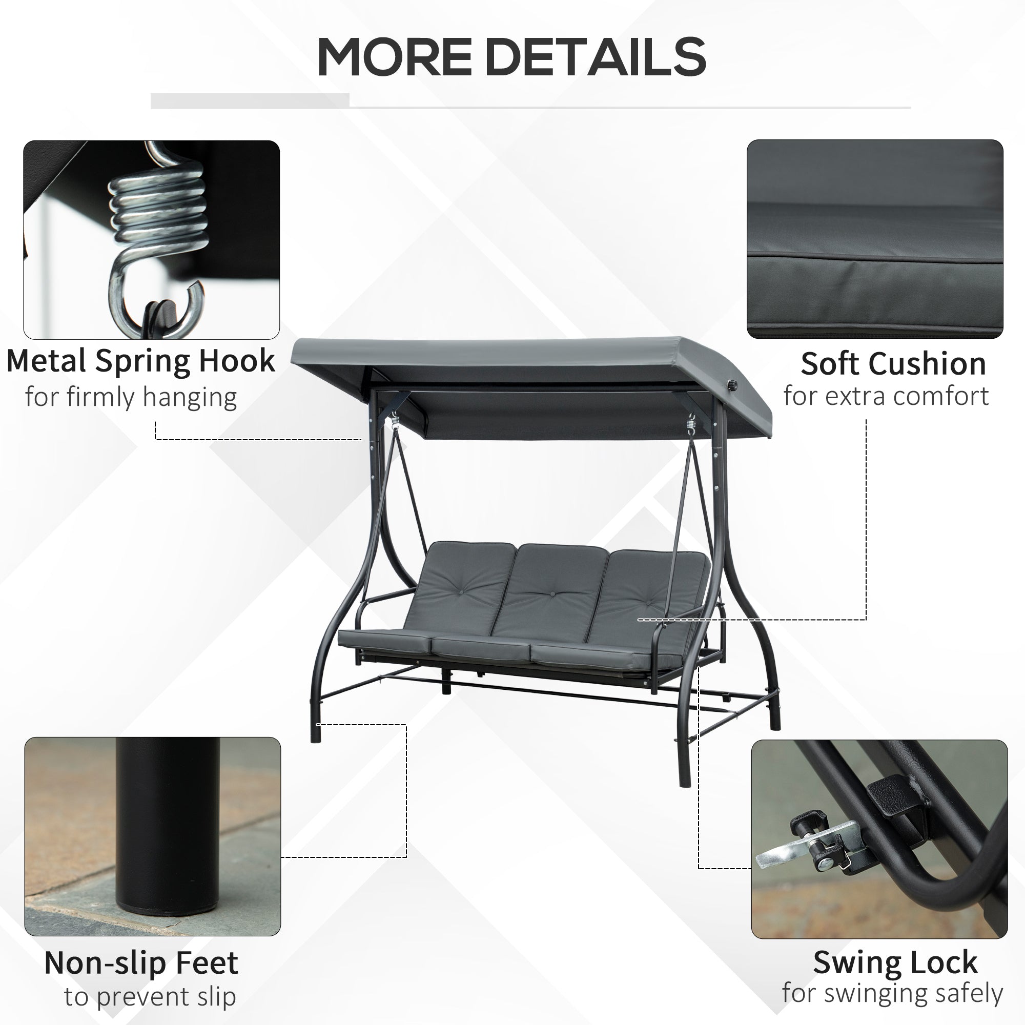 Outsunny 3 Seater Patio Swing Chair Convertible Cushioned Porch Swing Bed Outdoor Swing with Canopy Dark Grey