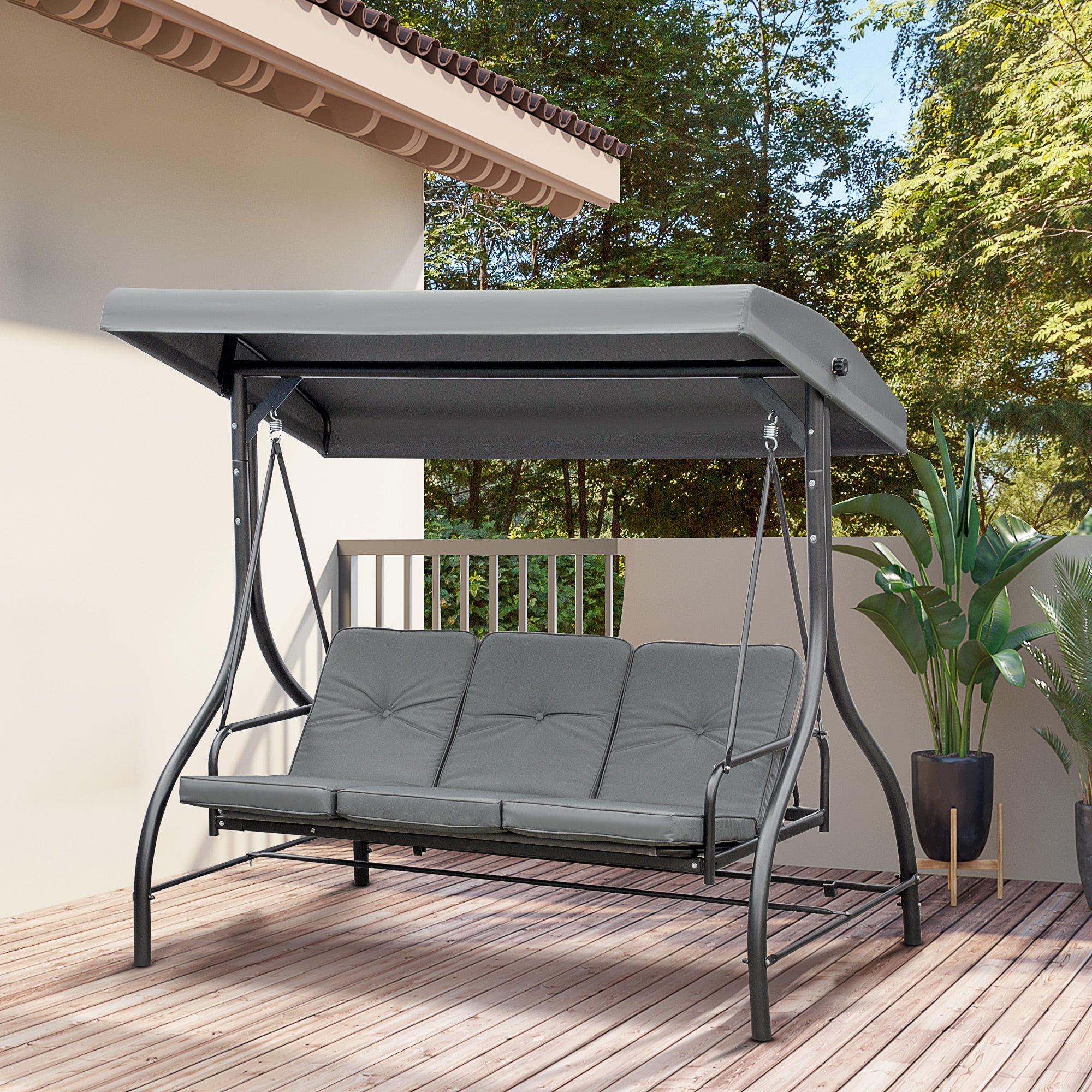 Outsunny 3 Seater Patio Swing Chair Convertible Cushioned Porch Swing Bed Outdoor Swing with Canopy Dark Grey