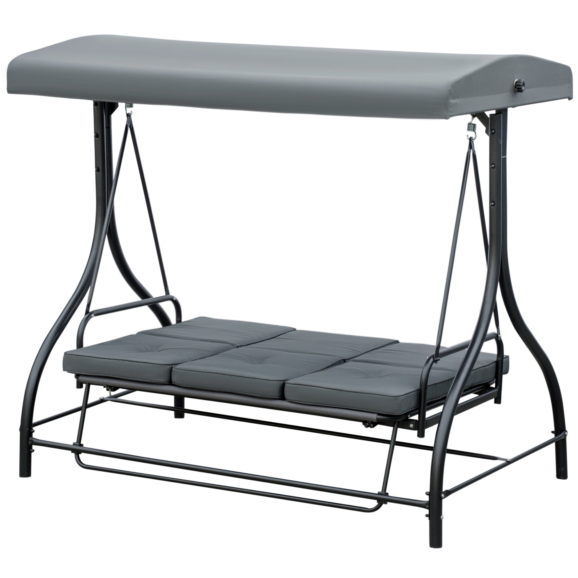 Outsunny 3 Seater Patio Swing Chair Convertible Cushioned Porch Swing Bed Outdoor Swing with Canopy Dark Grey