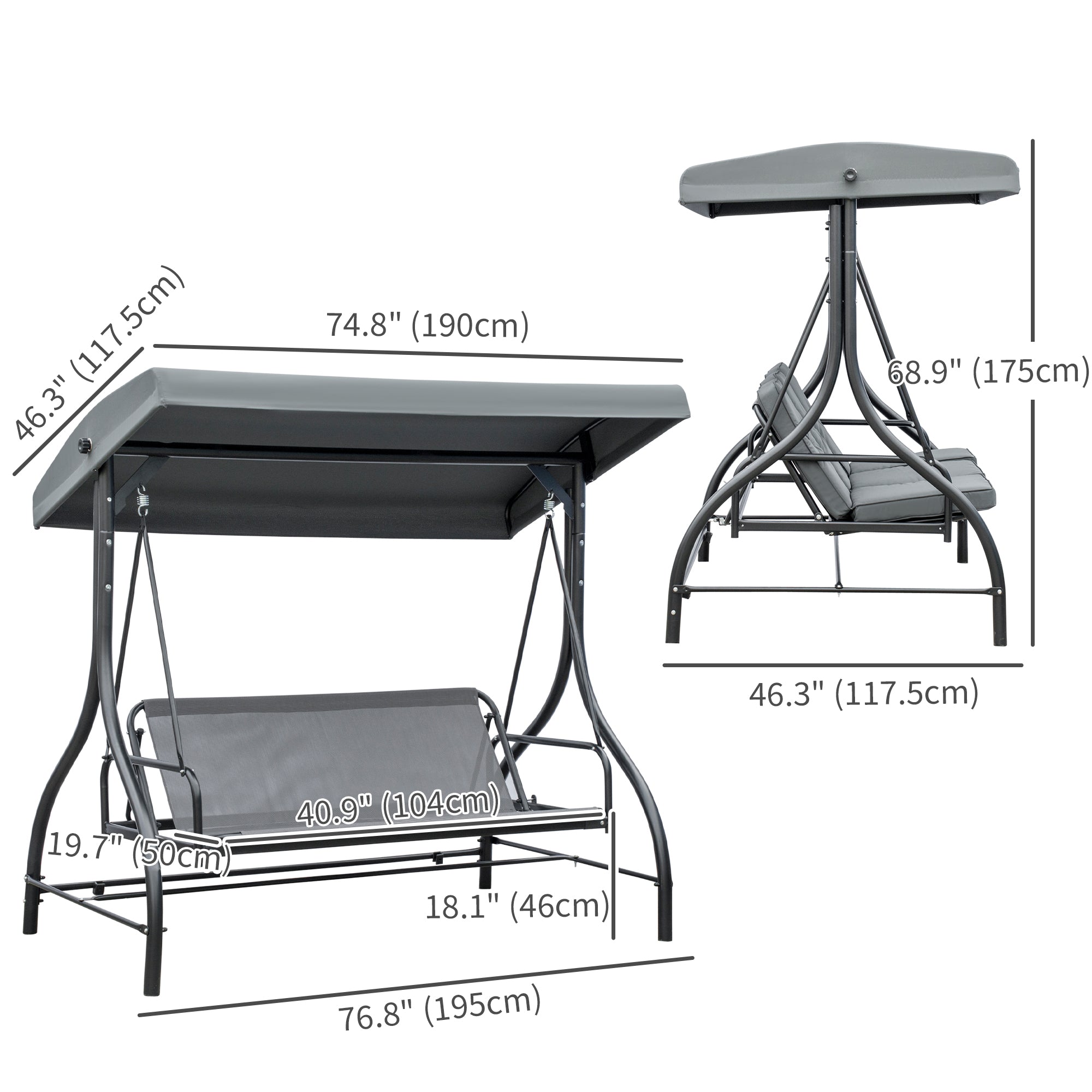 Outsunny 3 Seater Patio Swing Chair Convertible Cushioned Porch Swing Bed Outdoor Swing with Canopy Dark Grey