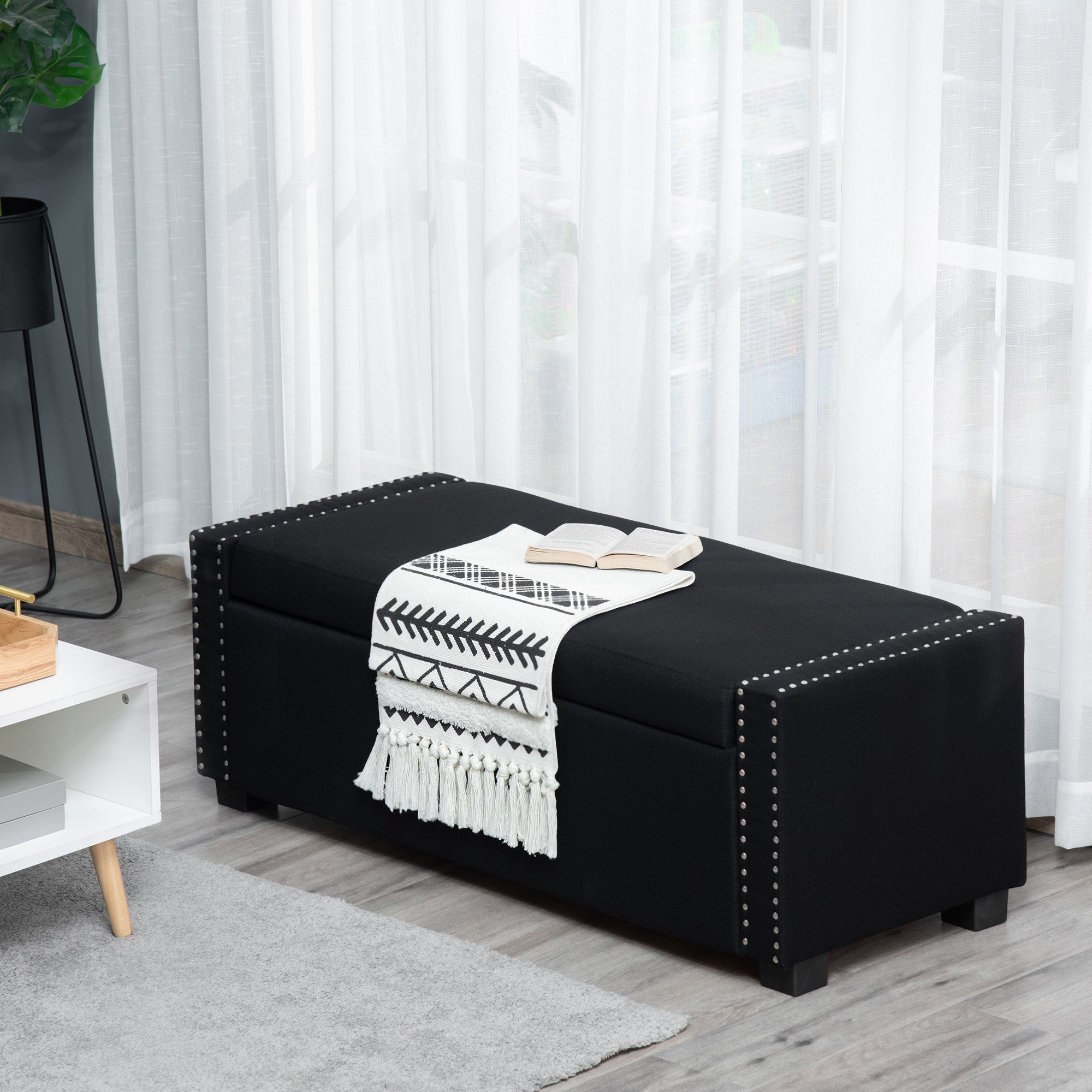 HOMCOM Upholstered Flip Top Storage Bench Fabric Ottoman for Bedroom, Living room, Dark Grey
