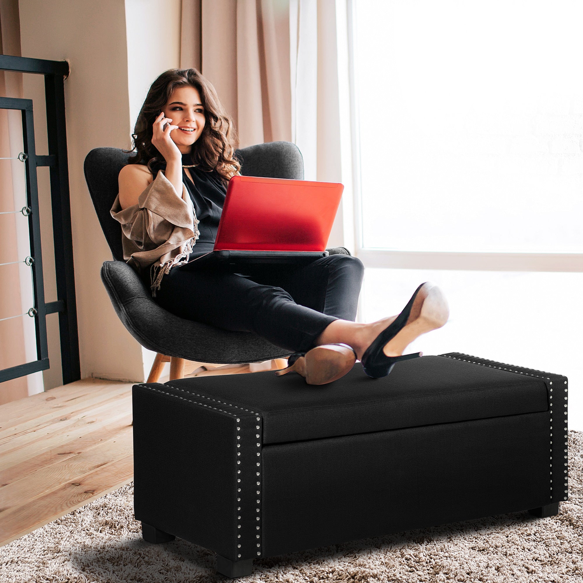 HOMCOM Upholstered Flip Top Storage Bench Fabric Ottoman for Bedroom, Living room, Dark Grey