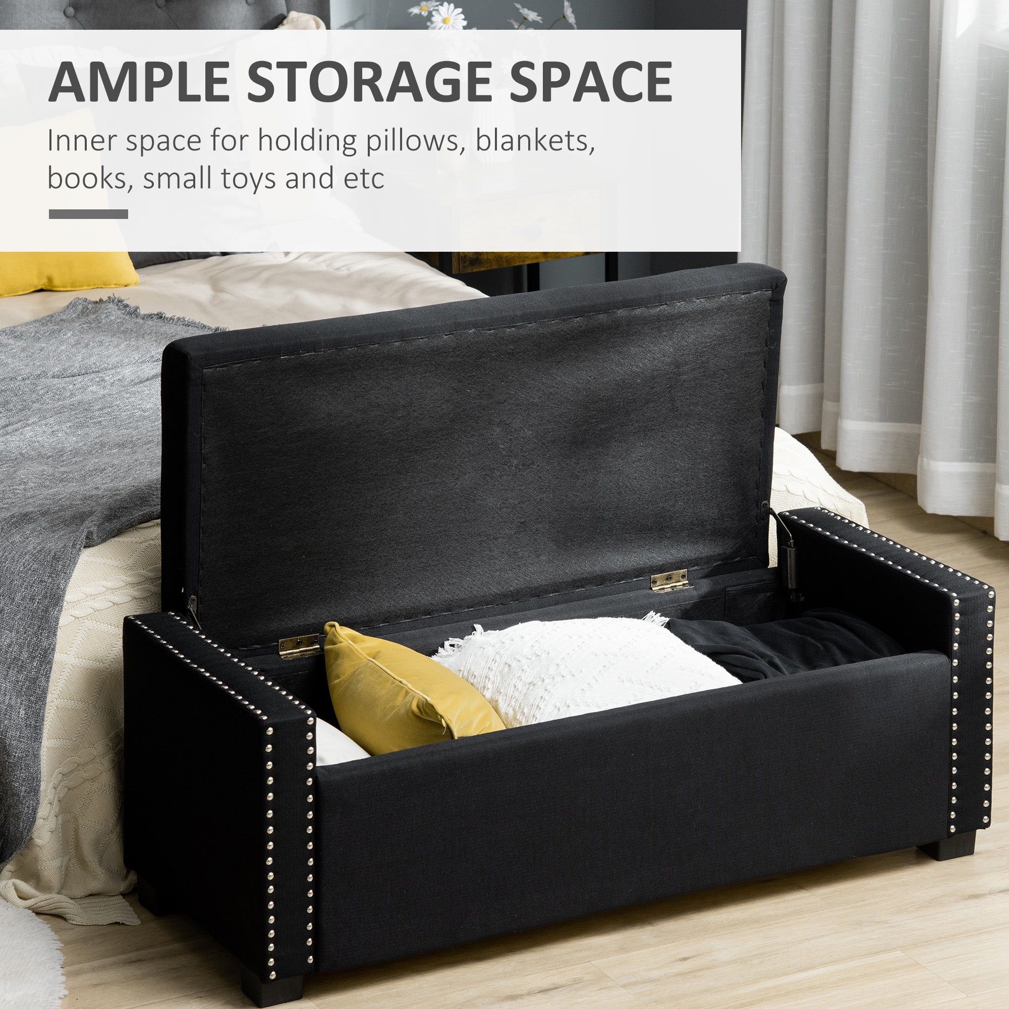 HOMCOM Upholstered Flip Top Storage Bench Fabric Ottoman for Bedroom, Living room, Dark Grey