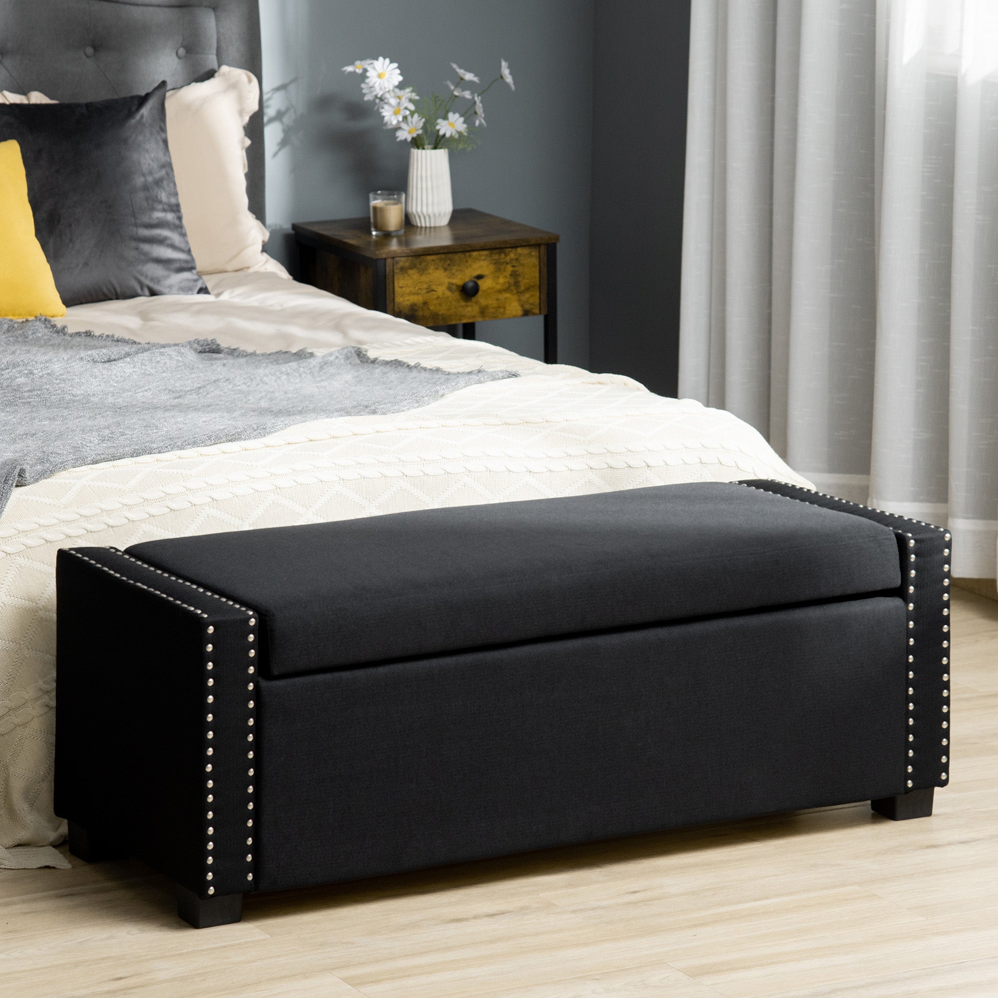 HOMCOM Upholstered Flip Top Storage Bench Fabric Ottoman for Bedroom, Living room, Dark Grey
