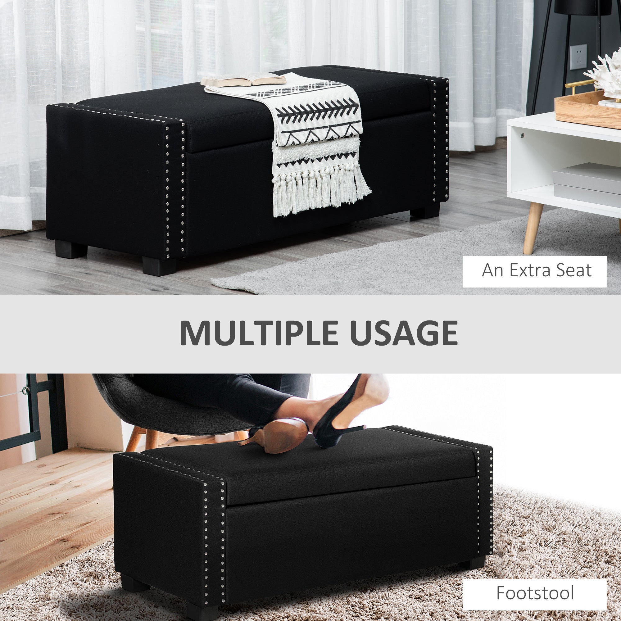 HOMCOM Upholstered Flip Top Storage Bench Fabric Ottoman for Bedroom, Living room, Dark Grey