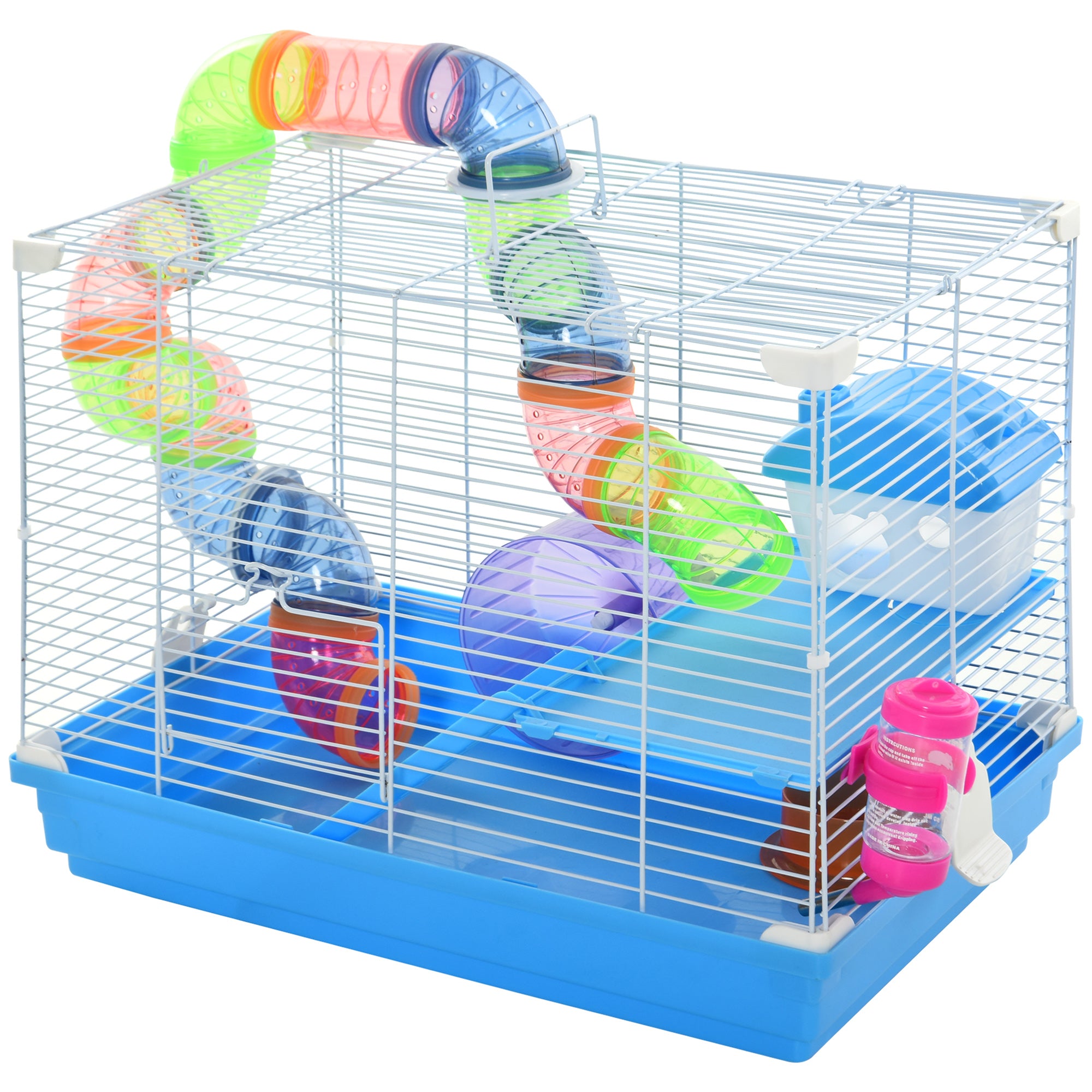 Pawhut 2 Tier Hamster Cage, Gerbil Cage with Handle, Exercise Wheels, Tunnel, Tube, Water Bottle, Dishes, Ladder, for Dwarf, Blue