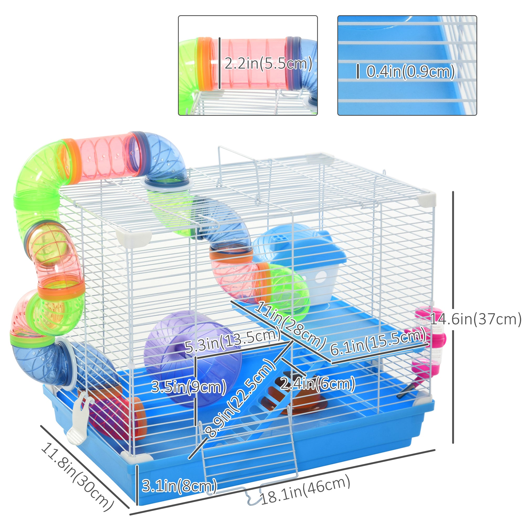 PawHut 18"L Hamster Cage, Small Animal House, 2-Level Rat Gerbil Haven with Tunnel Tube System, Exercise Wheel, Water Bottle, Food Dish, Ramp, Blue