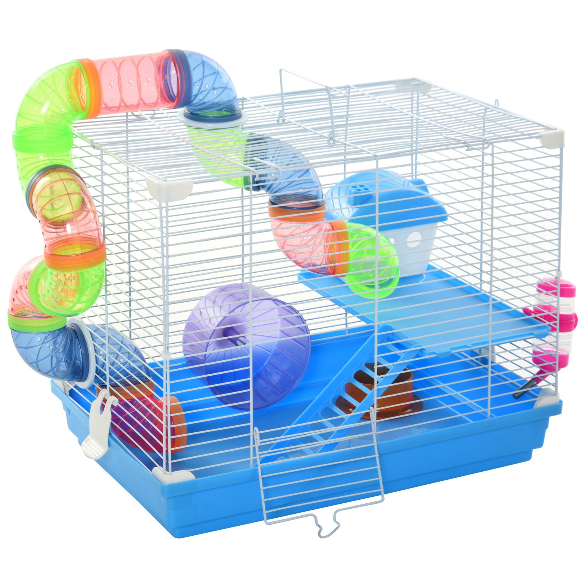 PawHut 18"L Hamster Cage, Small Animal House, 2-Level Rat Gerbil Haven with Tunnel Tube System, Exercise Wheel, Water Bottle, Food Dish, Ramp, Blue