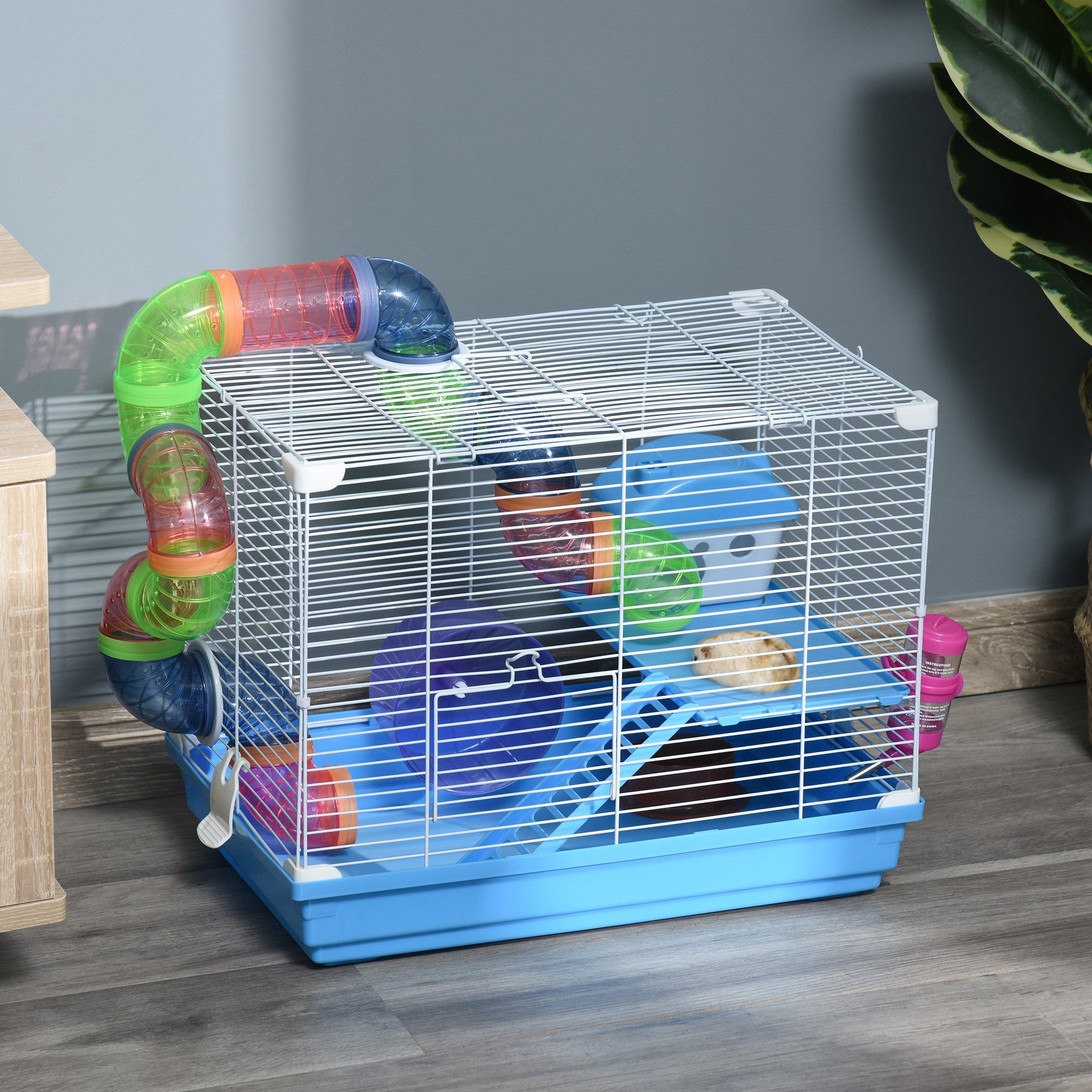 PawHut 18"L Hamster Cage, Small Animal House, 2-Level Rat Gerbil Haven with Tunnel Tube System, Exercise Wheel, Water Bottle, Food Dish, Ramp, Blue