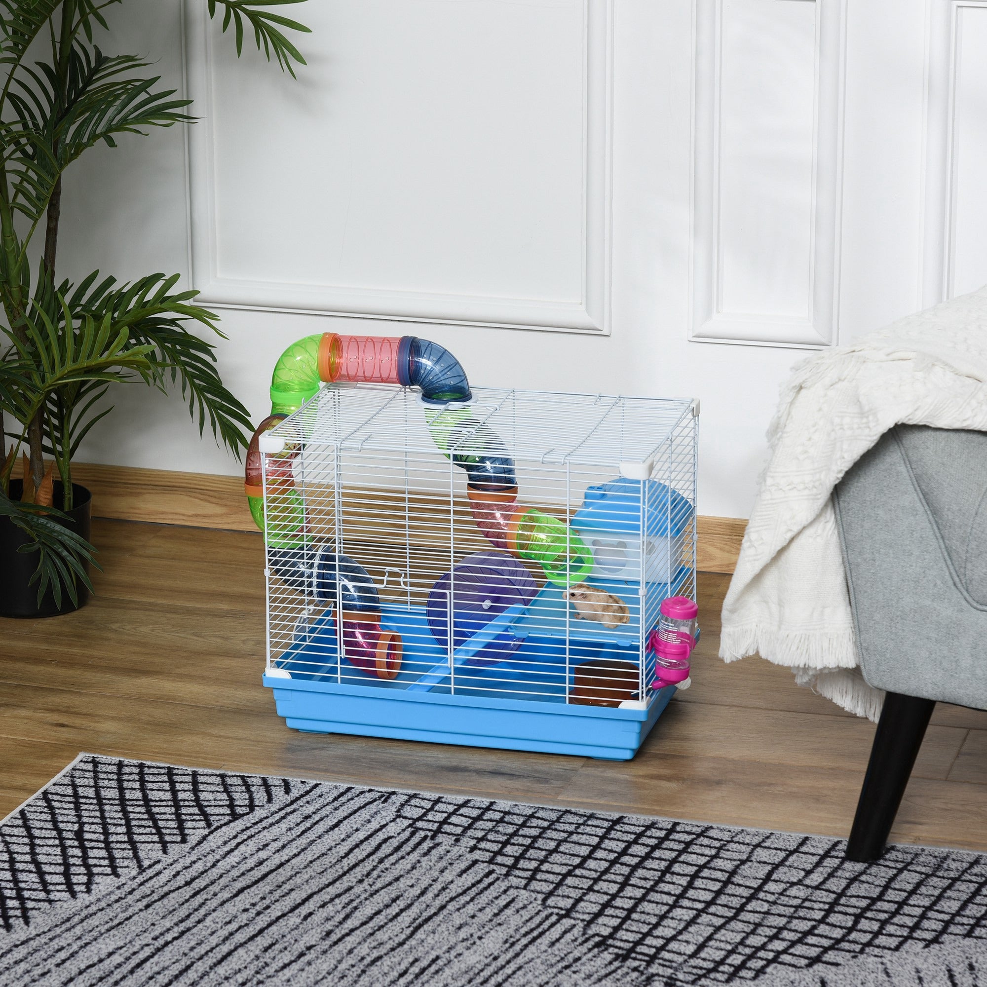 Pawhut 2 Tier Hamster Cage, Gerbil Cage with Handle, Exercise Wheels, Tunnel, Tube, Water Bottle, Dishes, Ladder, for Dwarf, Blue