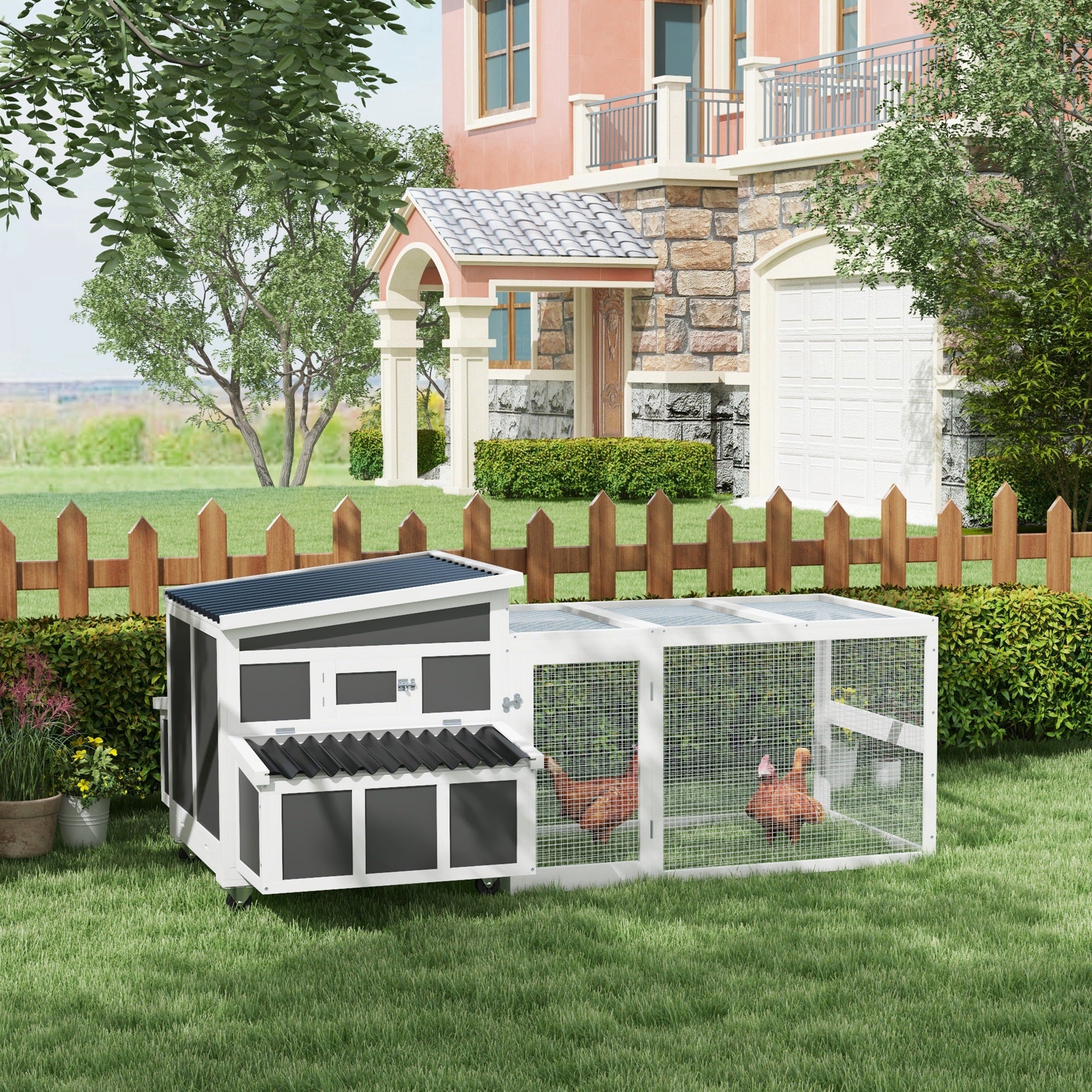 PawHut Wooden Chicken Coop with Nesting Box, Outdoor Poultry Cage Rabbit Hutch for 6 Chickens with Pull Out Tray, Run, Perches, Ramp, Windows for Duck, Hen, Small Animals, Dark Gray