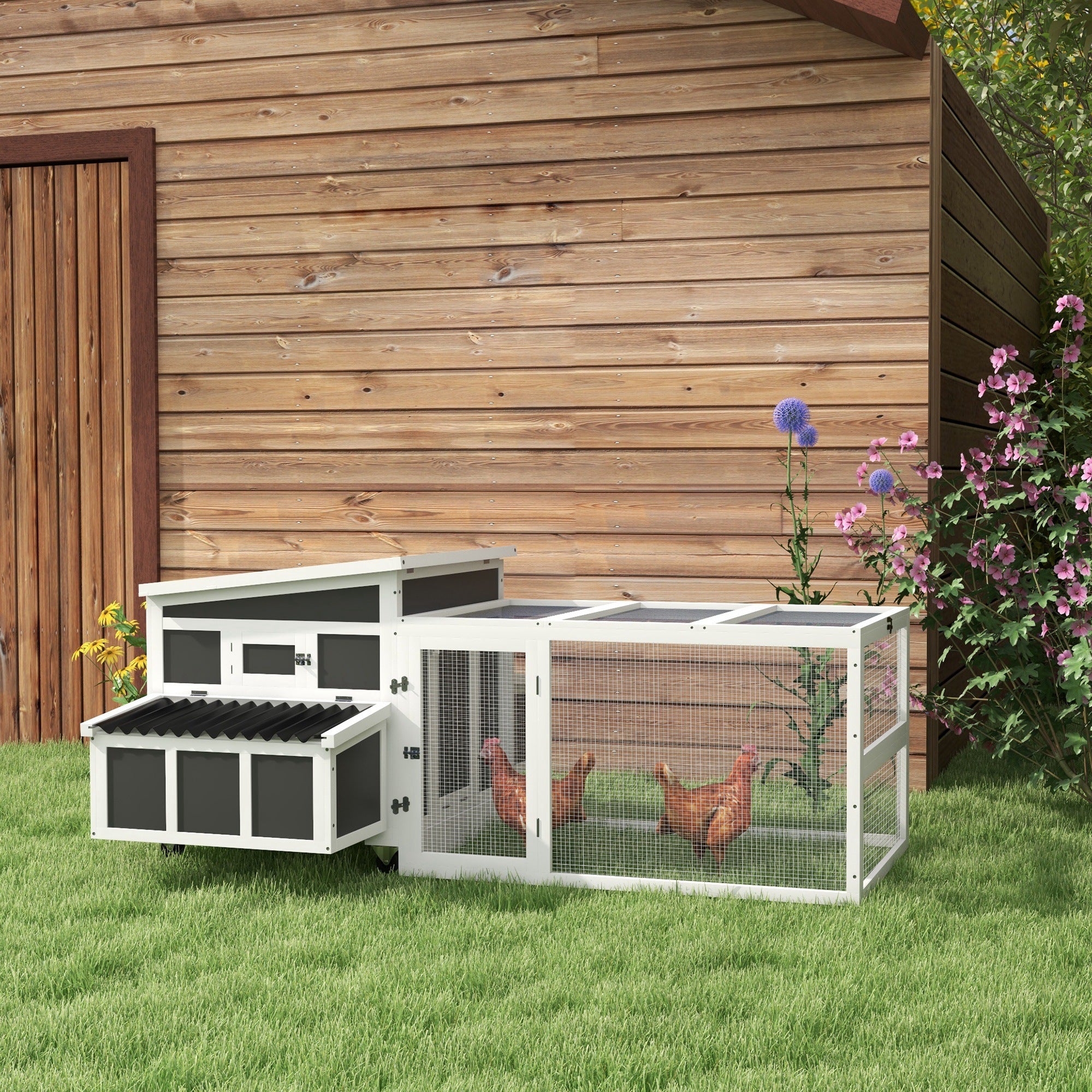 PawHut Wooden Chicken Coop with Nesting Box, Outdoor Poultry Cage Rabbit Hutch for 6 Chickens with Pull Out Tray, Run, Perches, Ramp, Windows for Duck, Hen, Small Animals, Dark Gray