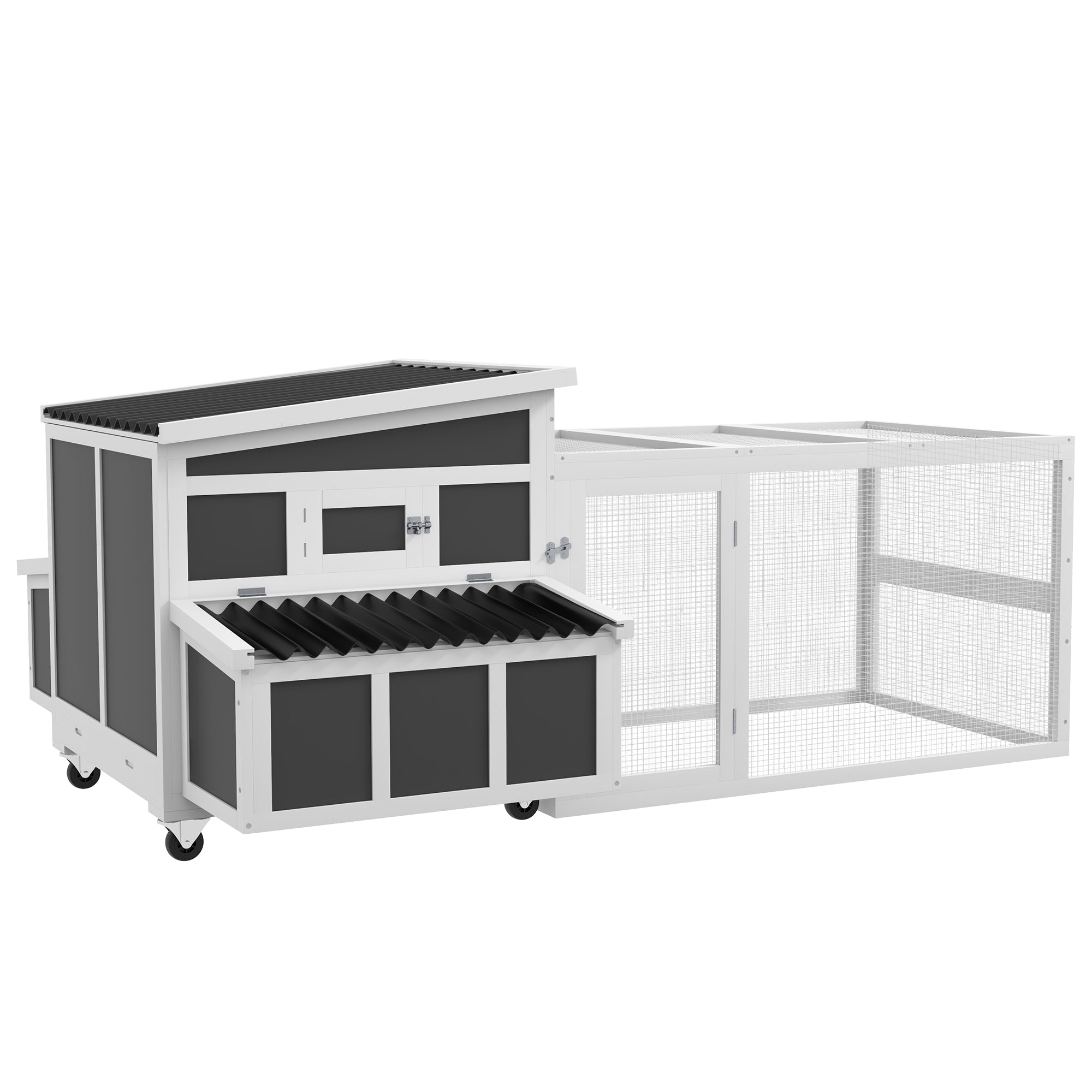PawHut Wooden Chicken Coop with Nesting Box, Outdoor Poultry Cage Rabbit Hutch for 6 Chickens with Pull Out Tray, Run, Perches, Ramp, Windows for Duck, Hen, Small Animals, Dark Gray