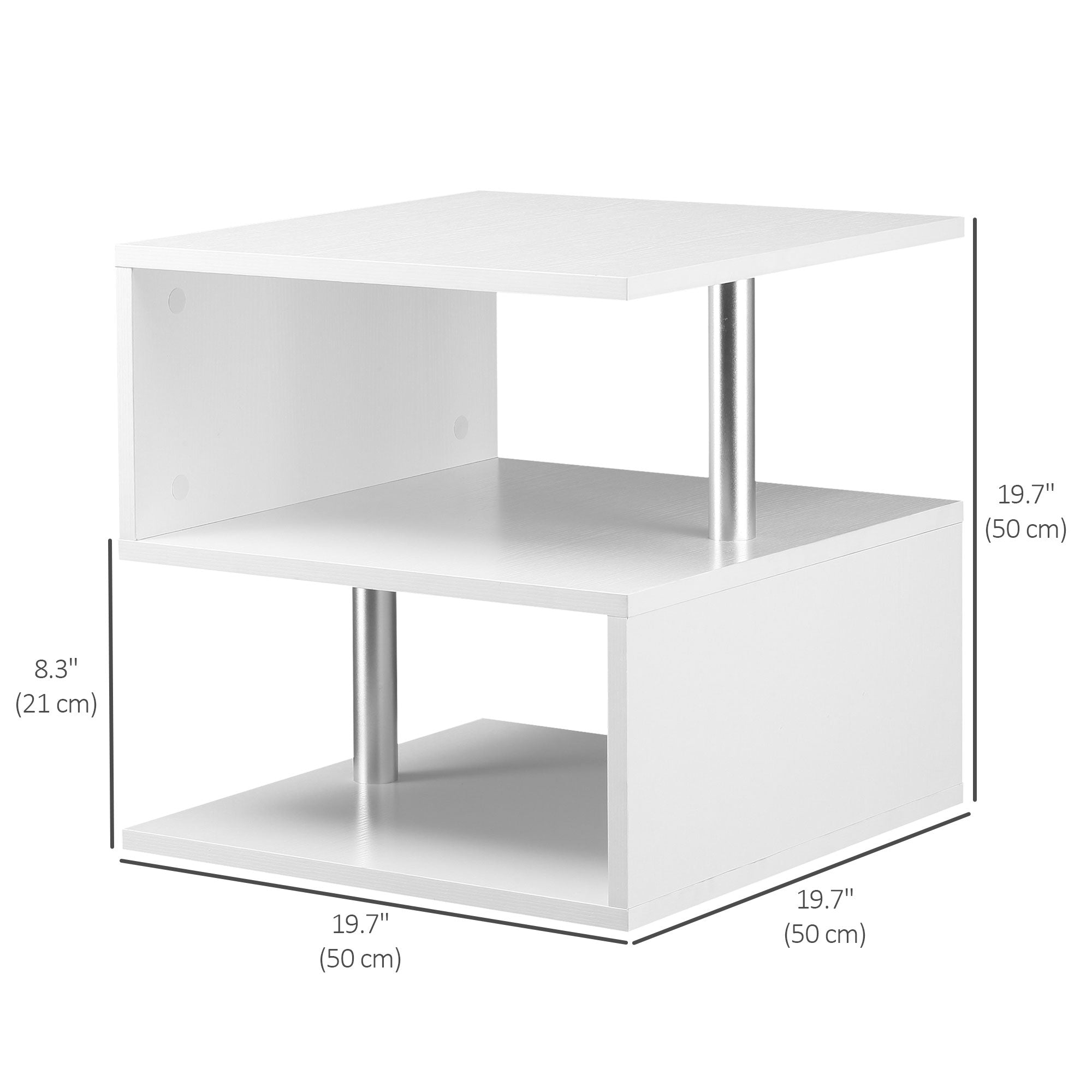 HOMCOM Square Side Table, 3-Tier End Table with Storage Shelves and Metal Frame, S-Shaped Accent Table for Living Room, White