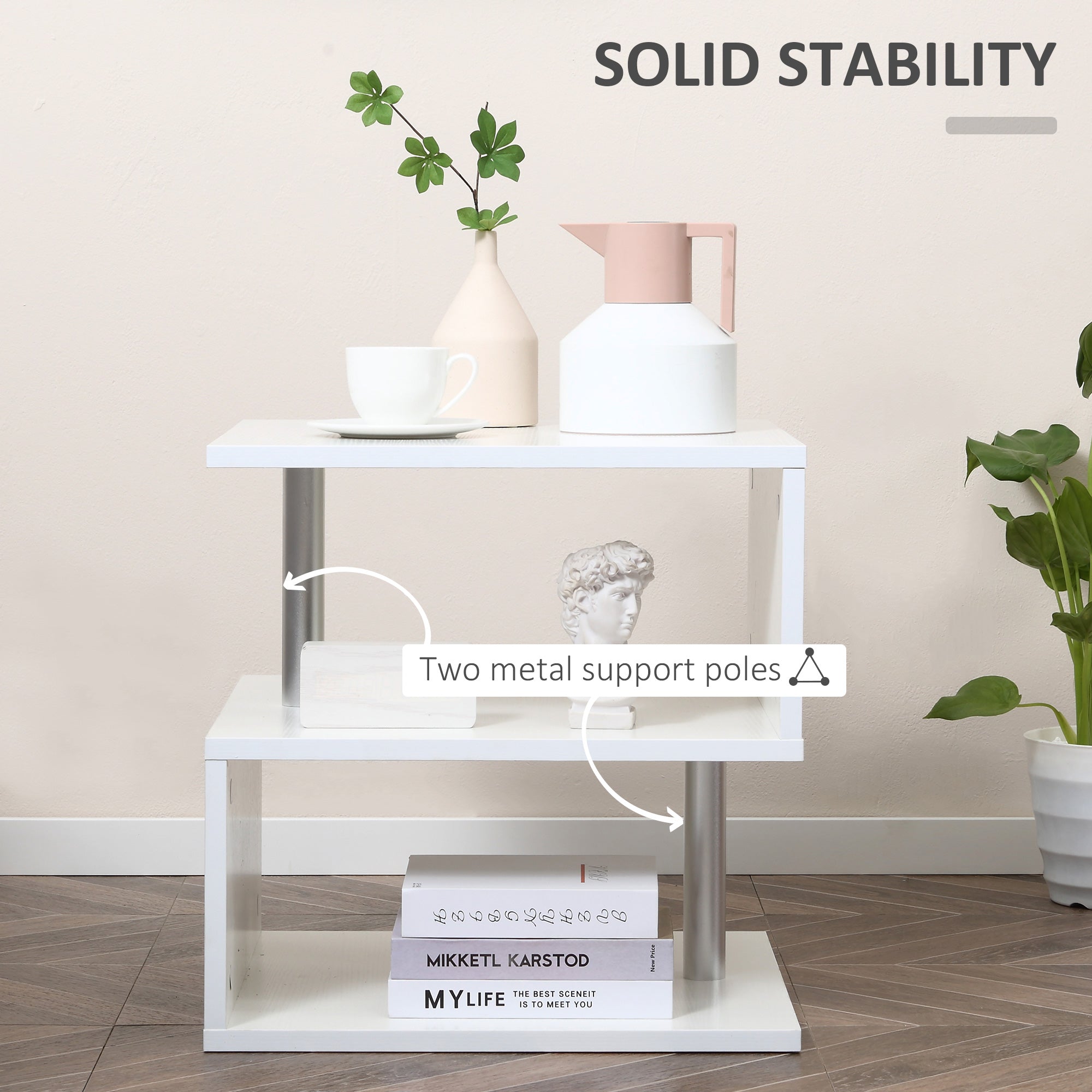HOMCOM Square Side Table, 3-Tier End Table with Storage Shelves and Metal Frame, S-Shaped Accent Table for Living Room, White