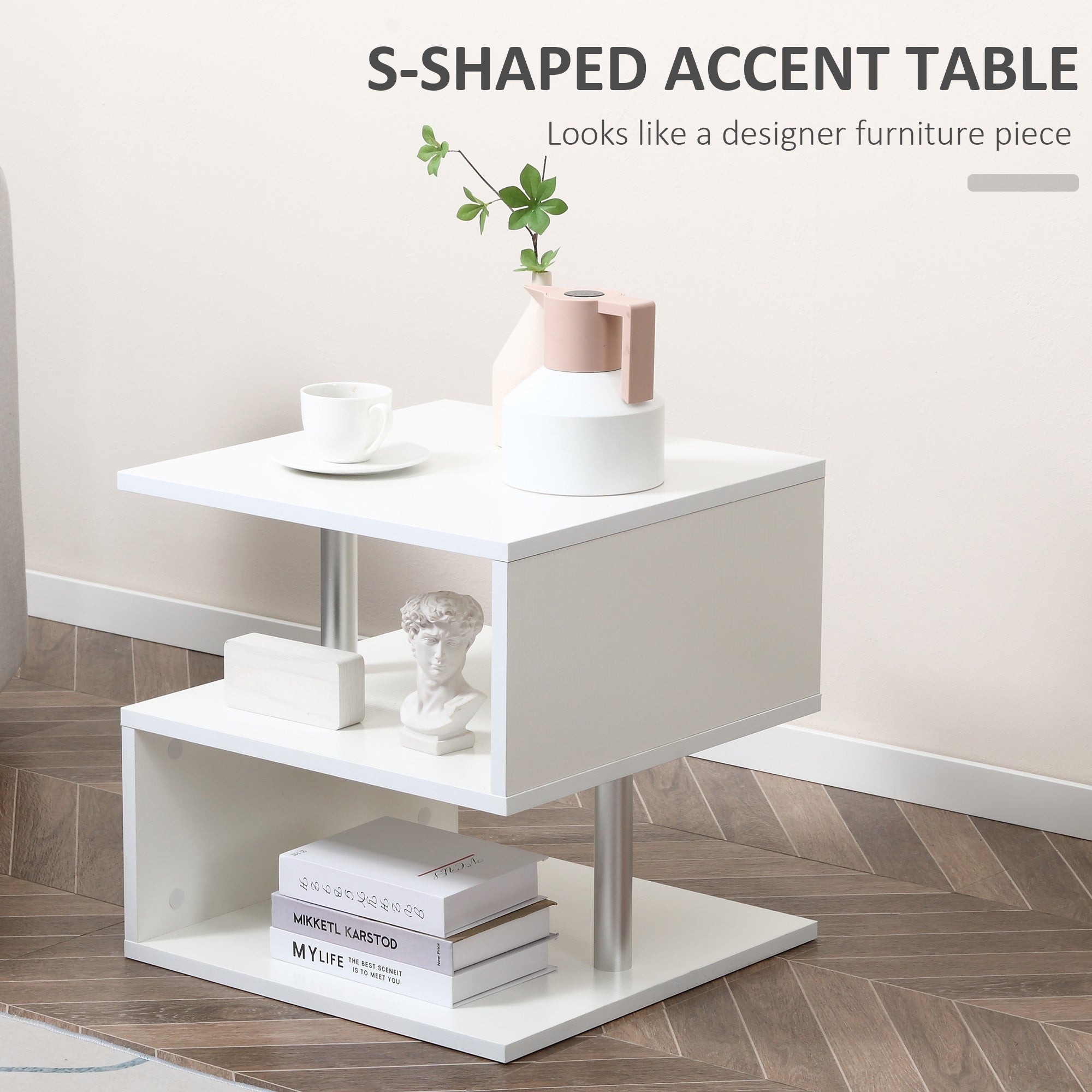 HOMCOM Square Side Table, 3-Tier End Table with Storage Shelves and Metal Frame, S-Shaped Accent Table for Living Room, White