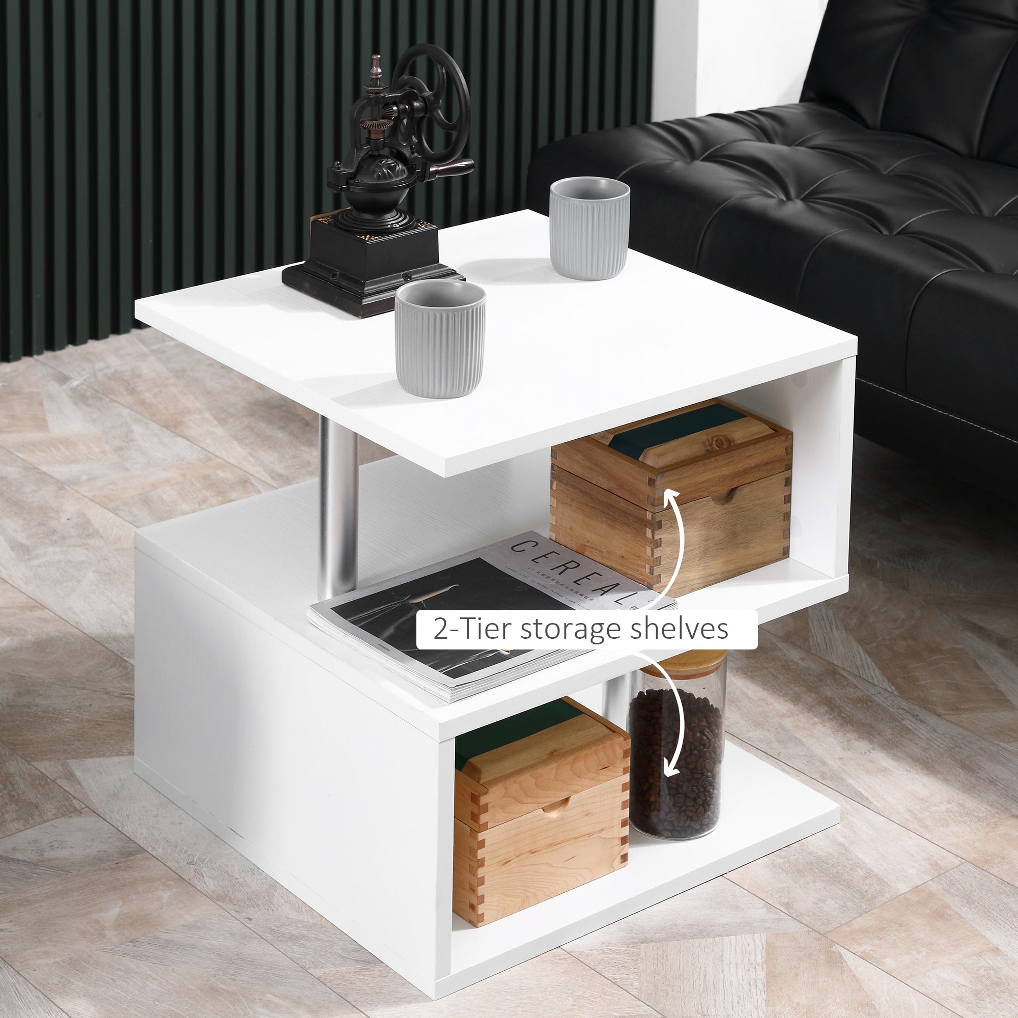 HOMCOM Square Side Table, 3-Tier End Table with Storage Shelves and Metal Frame, S-Shaped Accent Table for Living Room, White