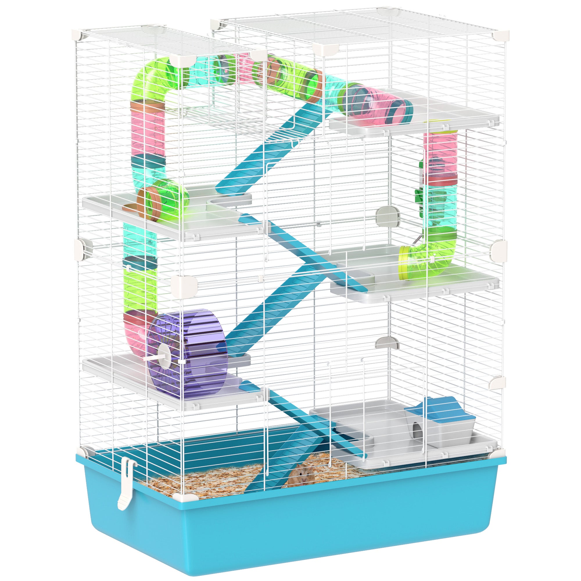 PawHut 32" Hamster Cage, 6 Tier Small Animal Cage with Tunnels and Tubes, DIY Design Gerbil Cage with Hut, Wheel, Food Dish, Water Bottle, Ramps, for Dwarf & Gerbil, Light Blue