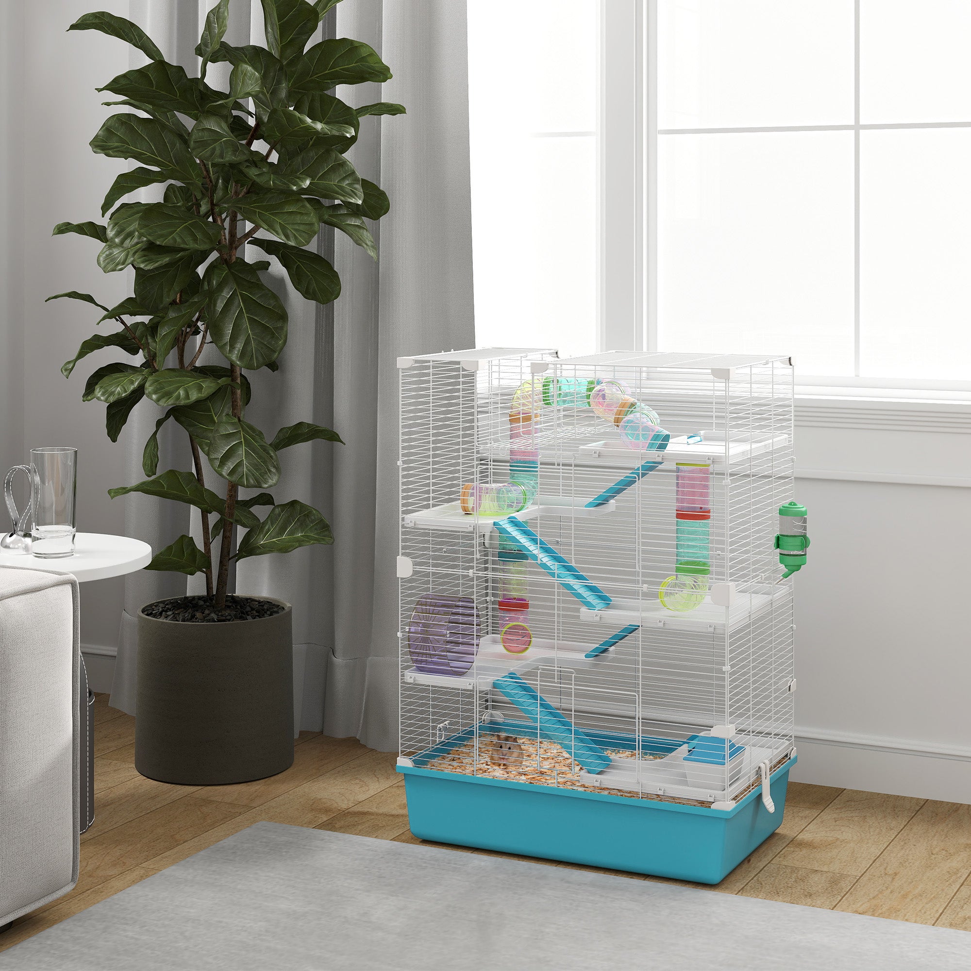 PawHut 32" Hamster Cage, 6 Tier Small Animal Cage with Tunnels and Tubes, DIY Design Gerbil Cage with Hut, Wheel, Food Dish, Water Bottle, Ramps, for Dwarf & Gerbil, Light Blue