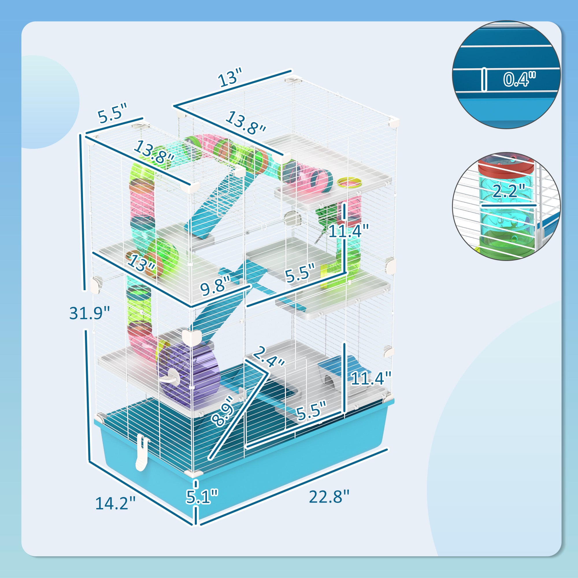 PawHut Hamster Cage, 6 Tier Small Animal Cage with Tubes and Tunnels, 32" DIY Design Large Hamster Cage with Hut, Wheel, Food Dish, Water Bottle, Ramps, for Dwarf & Gerbil, Light Blue