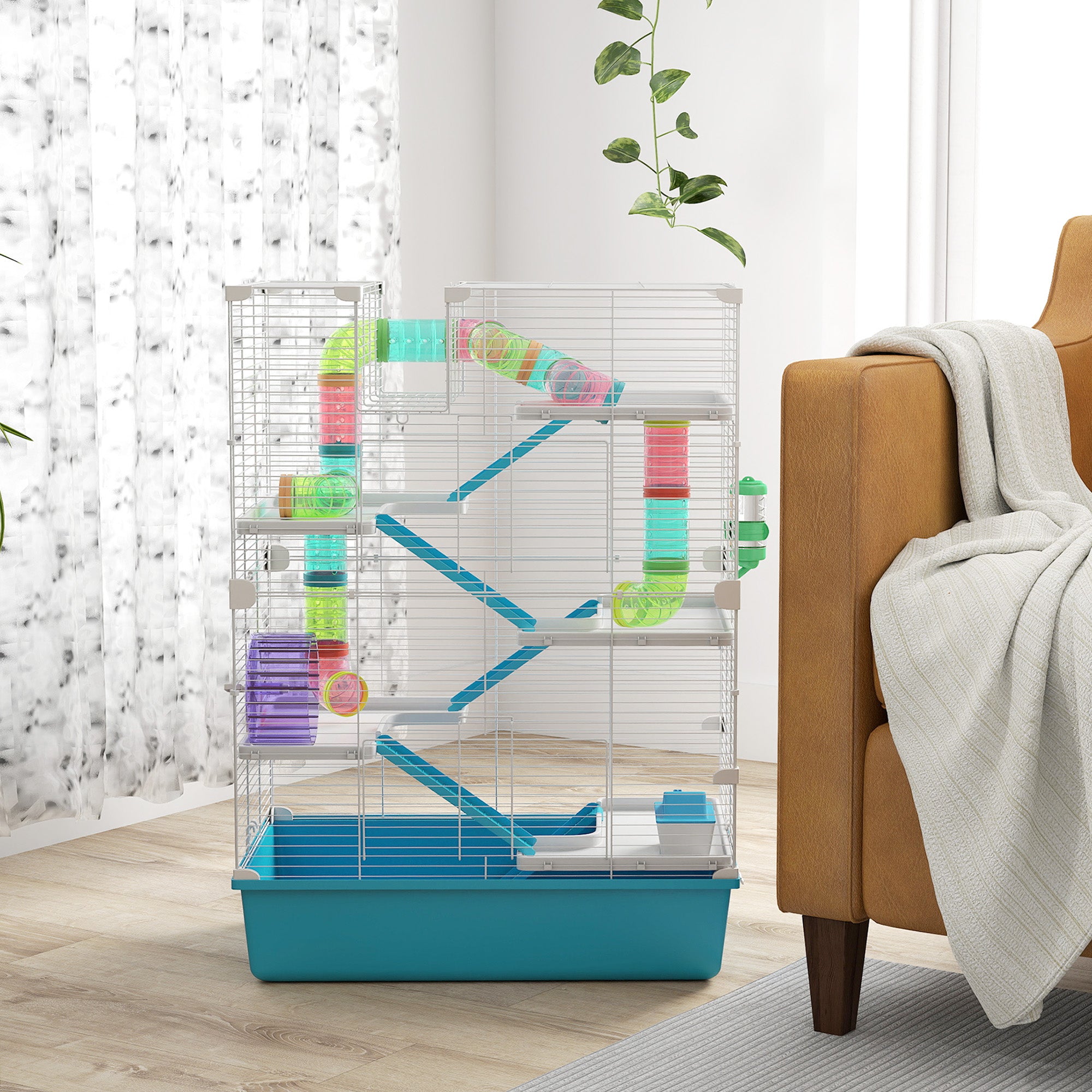 PawHut 32" Hamster Cage, 6 Tier Small Animal Cage with Tunnels and Tubes, DIY Design Gerbil Cage with Hut, Wheel, Food Dish, Water Bottle, Ramps, for Dwarf & Gerbil, Light Blue