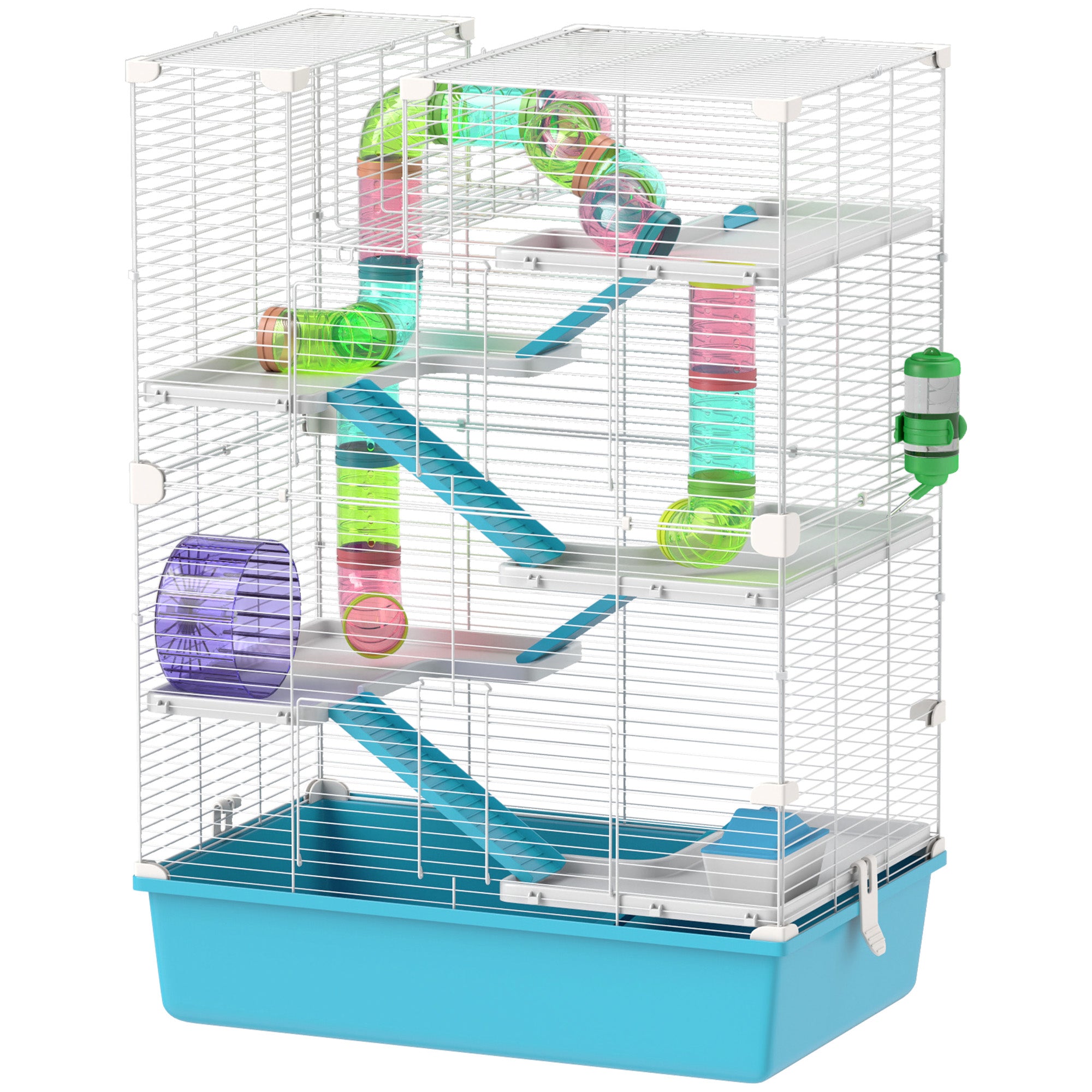 PawHut 32" Hamster Cage, 6 Tier Small Animal Cage with Tunnels and Tubes, DIY Design Gerbil Cage with Hut, Wheel, Food Dish, Water Bottle, Ramps, for Dwarf & Gerbil, Light Blue