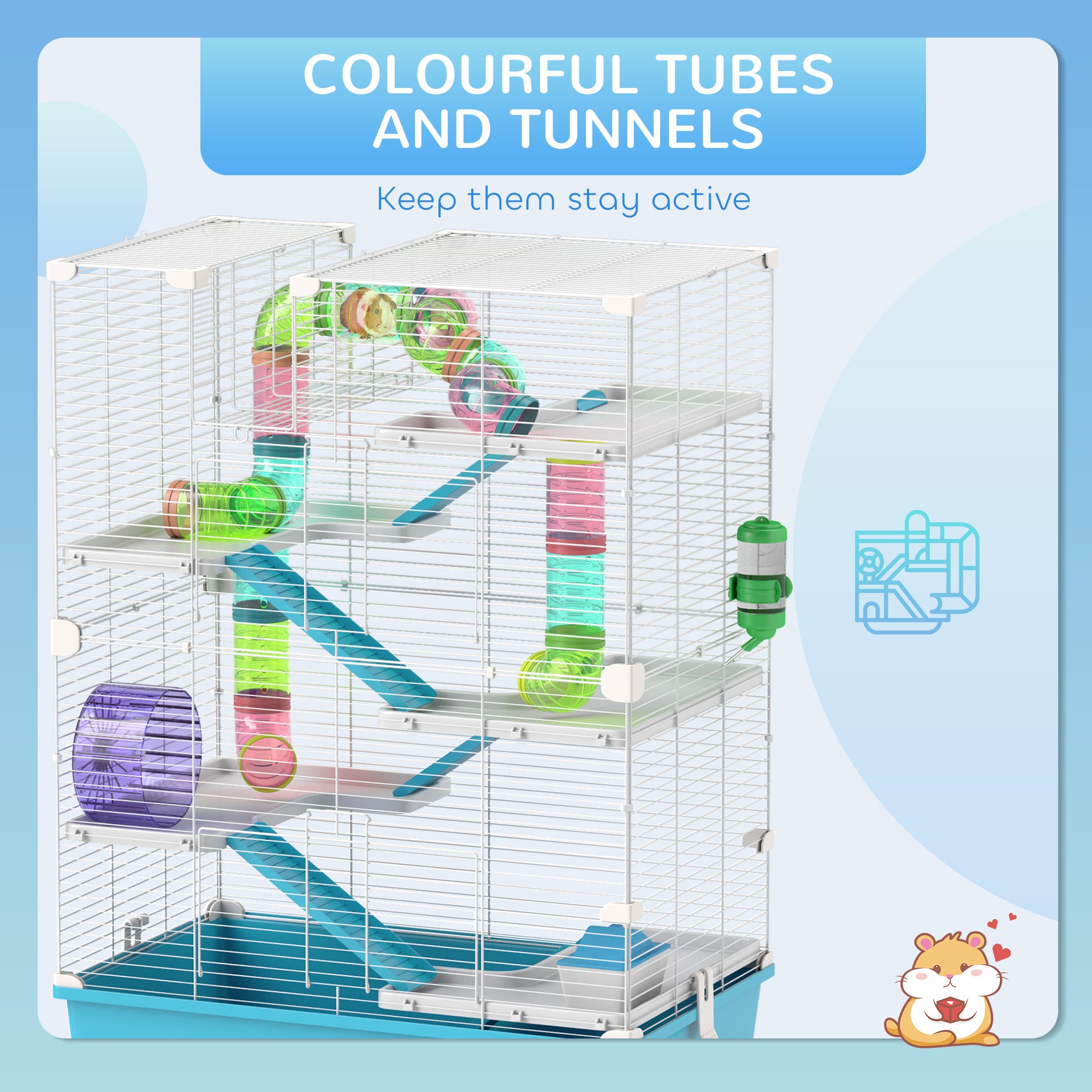 PawHut 32" Hamster Cage, 6 Tier Small Animal Cage with Tunnels and Tubes, DIY Design Gerbil Cage with Hut, Wheel, Food Dish, Water Bottle, Ramps, for Dwarf & Gerbil, Light Blue