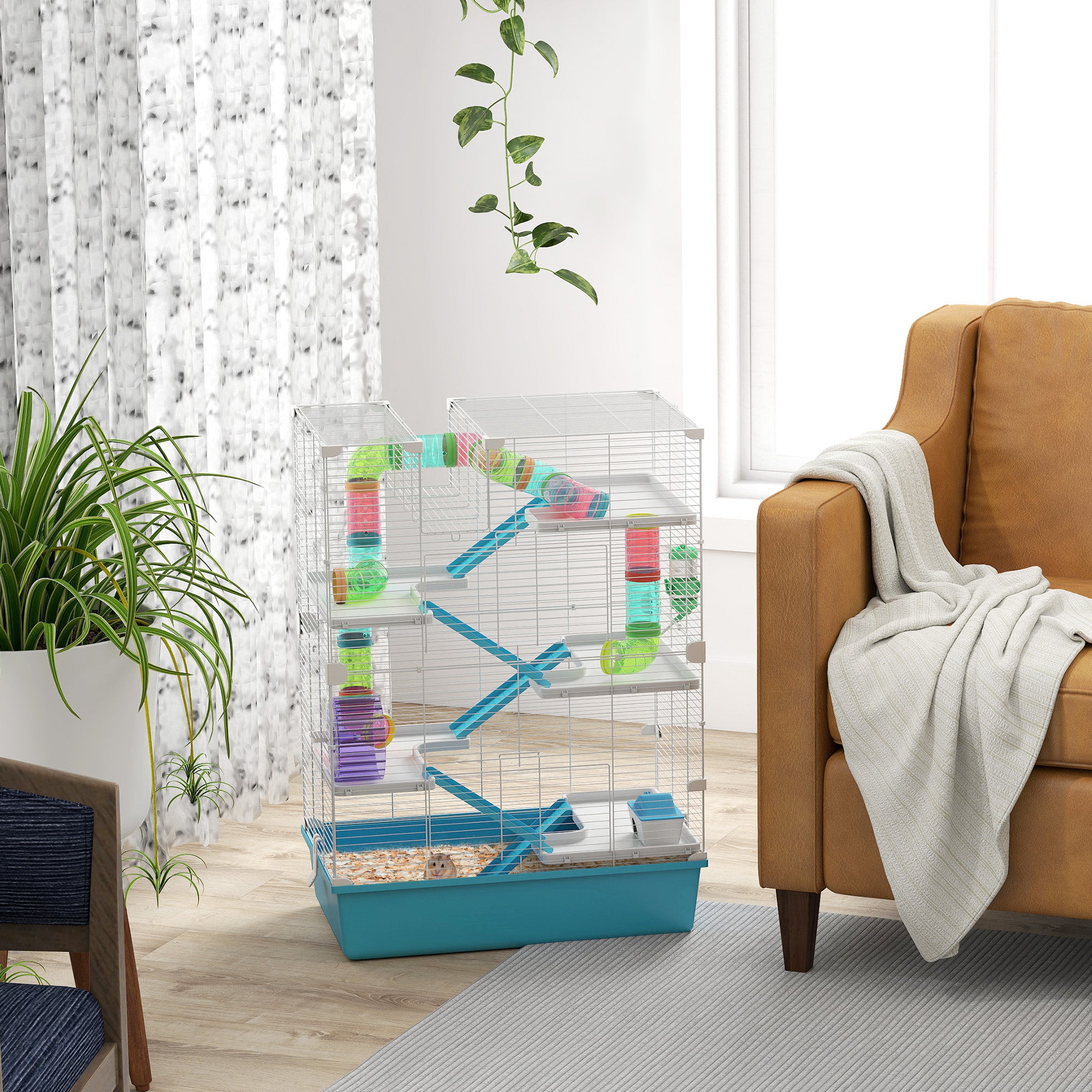 PawHut 32" Hamster Cage, 6 Tier Small Animal Cage with Tunnels and Tubes, DIY Design Gerbil Cage with Hut, Wheel, Food Dish, Water Bottle, Ramps, for Dwarf & Gerbil, Light Blue