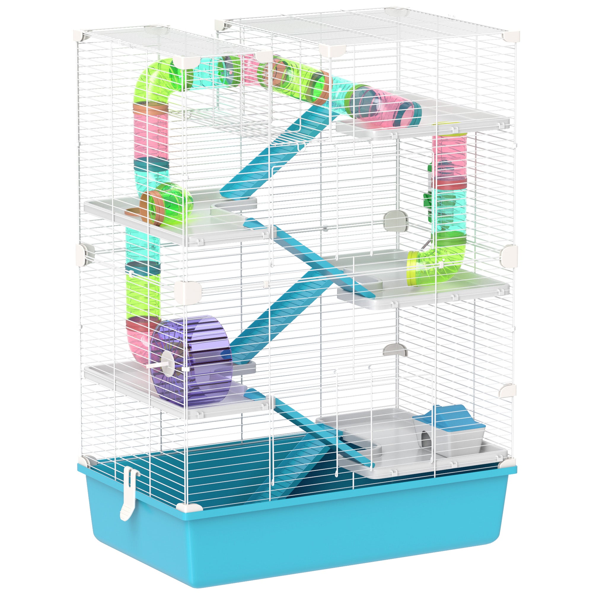 PawHut 32" Hamster Cage, 6 Tier Small Animal Cage with Tunnels and Tubes, DIY Design Gerbil Cage with Hut, Wheel, Food Dish, Water Bottle, Ramps, for Dwarf & Gerbil, Light Blue