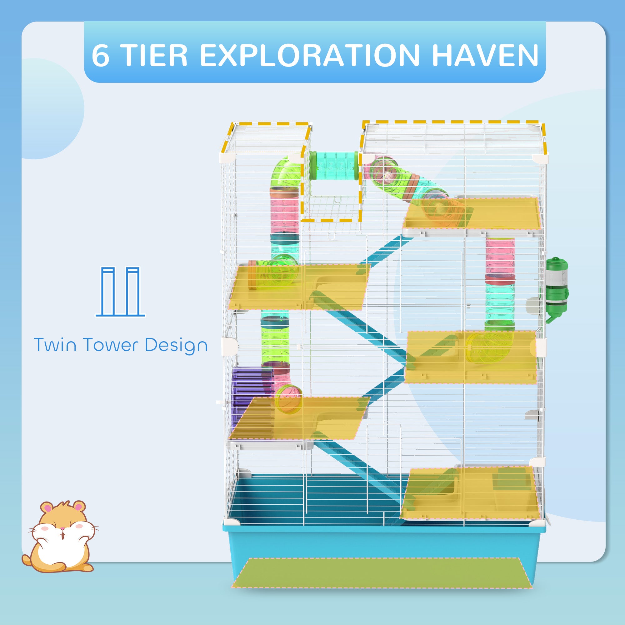 PawHut Hamster Cage, 6 Tier Small Animal Cage with Tubes and Tunnels, 32" DIY Design Large Hamster Cage with Hut, Wheel, Food Dish, Water Bottle, Ramps, for Dwarf & Gerbil, Light Blue