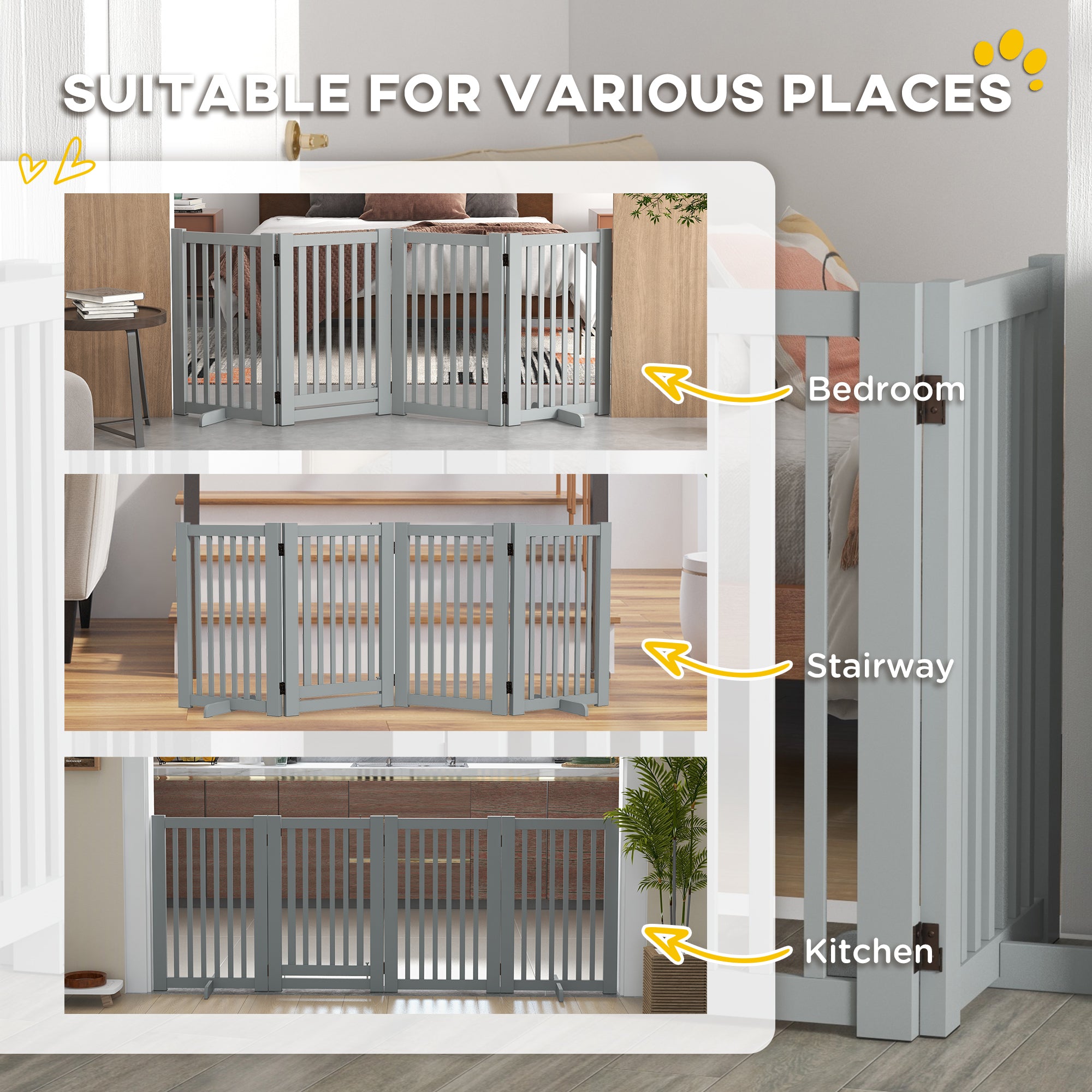 PawHut Free Standing Wooden Pet Gate Indoor Dog Barrier Foldable Step Over Doorway Fence Safety Gate with Open Door Z Shape 4 Panel Light Grey