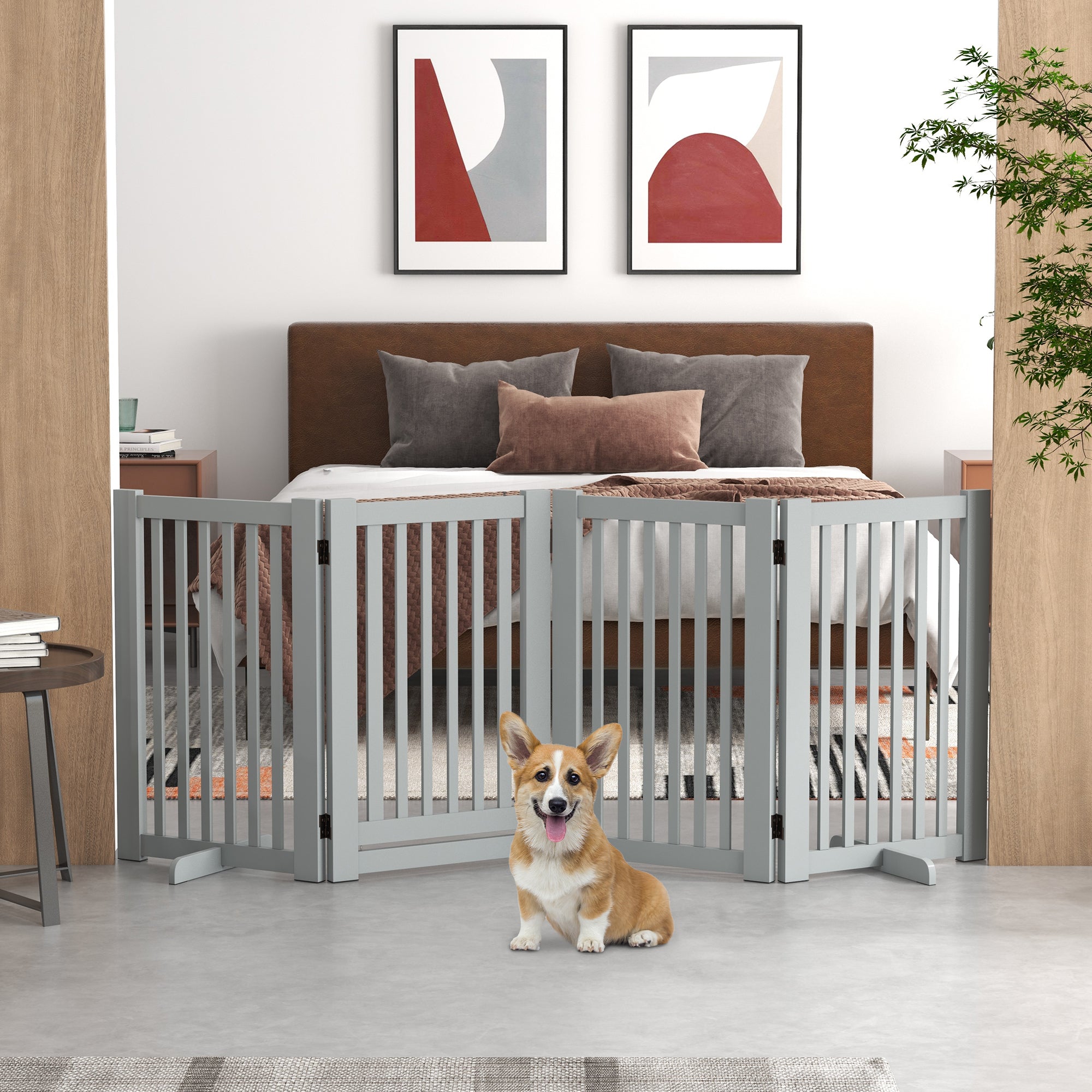PawHut Free Standing Wooden Pet Gate Indoor Dog Barrier Foldable Step Over Doorway Fence Safety Gate with Open Door Z Shape 4 Panel Light Grey